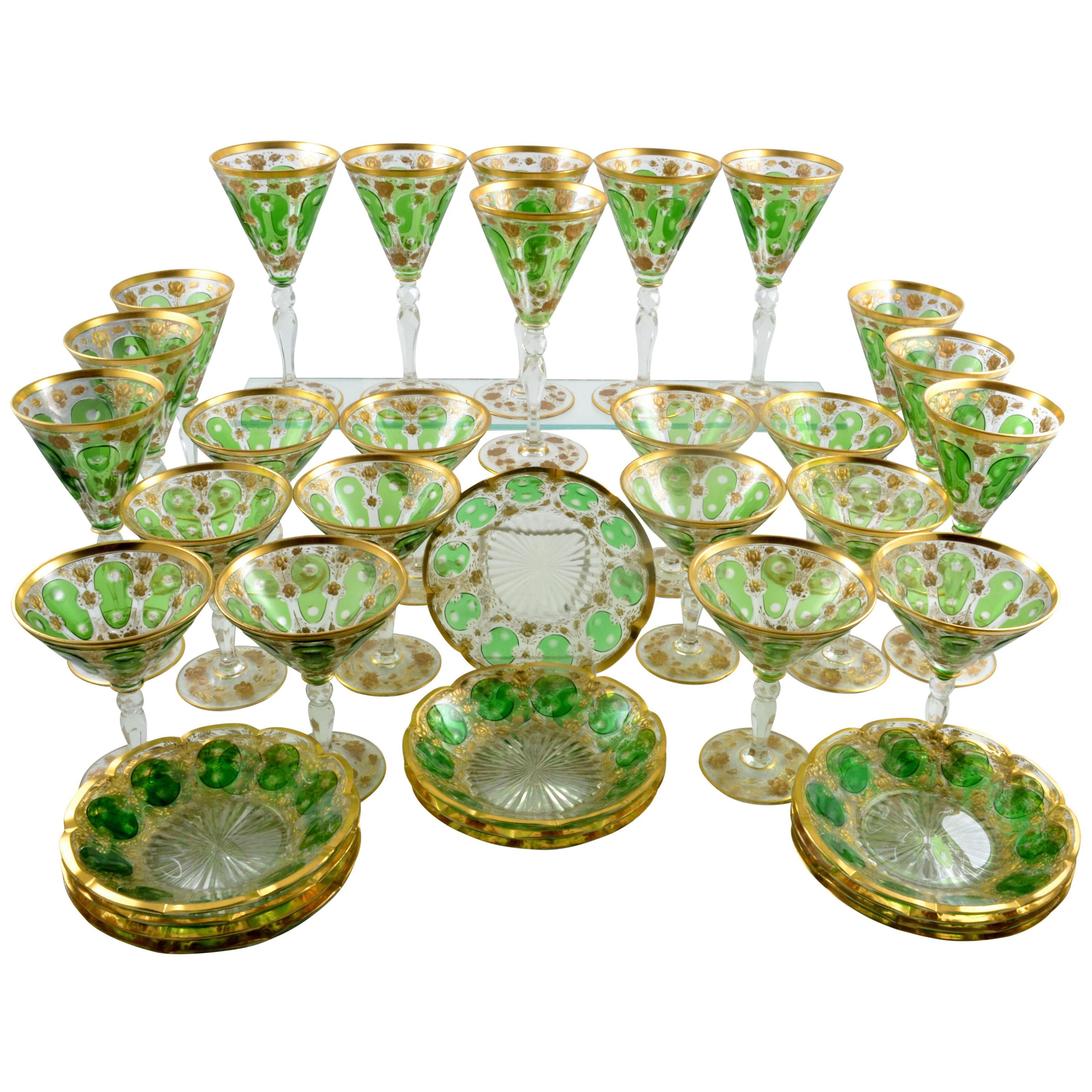 Moser 36 Pieces Assorted Glasses Set Green Cabochons c.a. 1885
