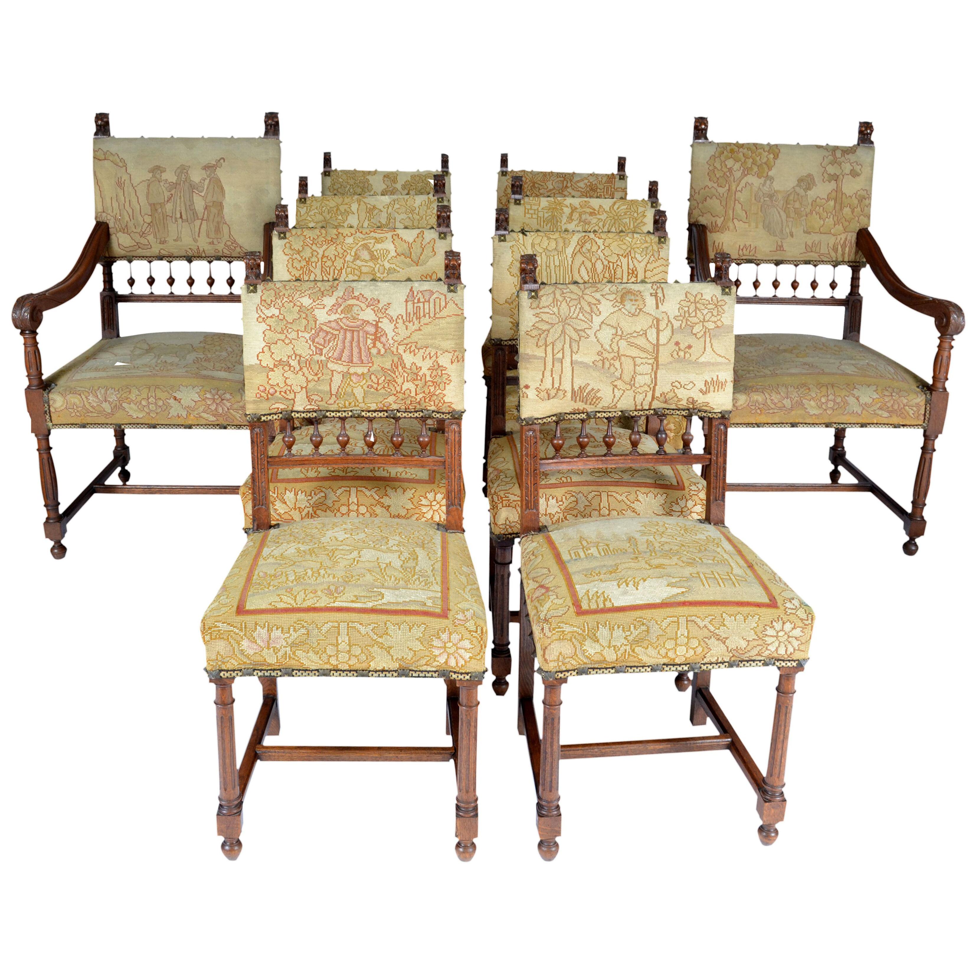 Set of 10 Needle Petit Point Upholstered Chairs in Henry II style. Walnut 