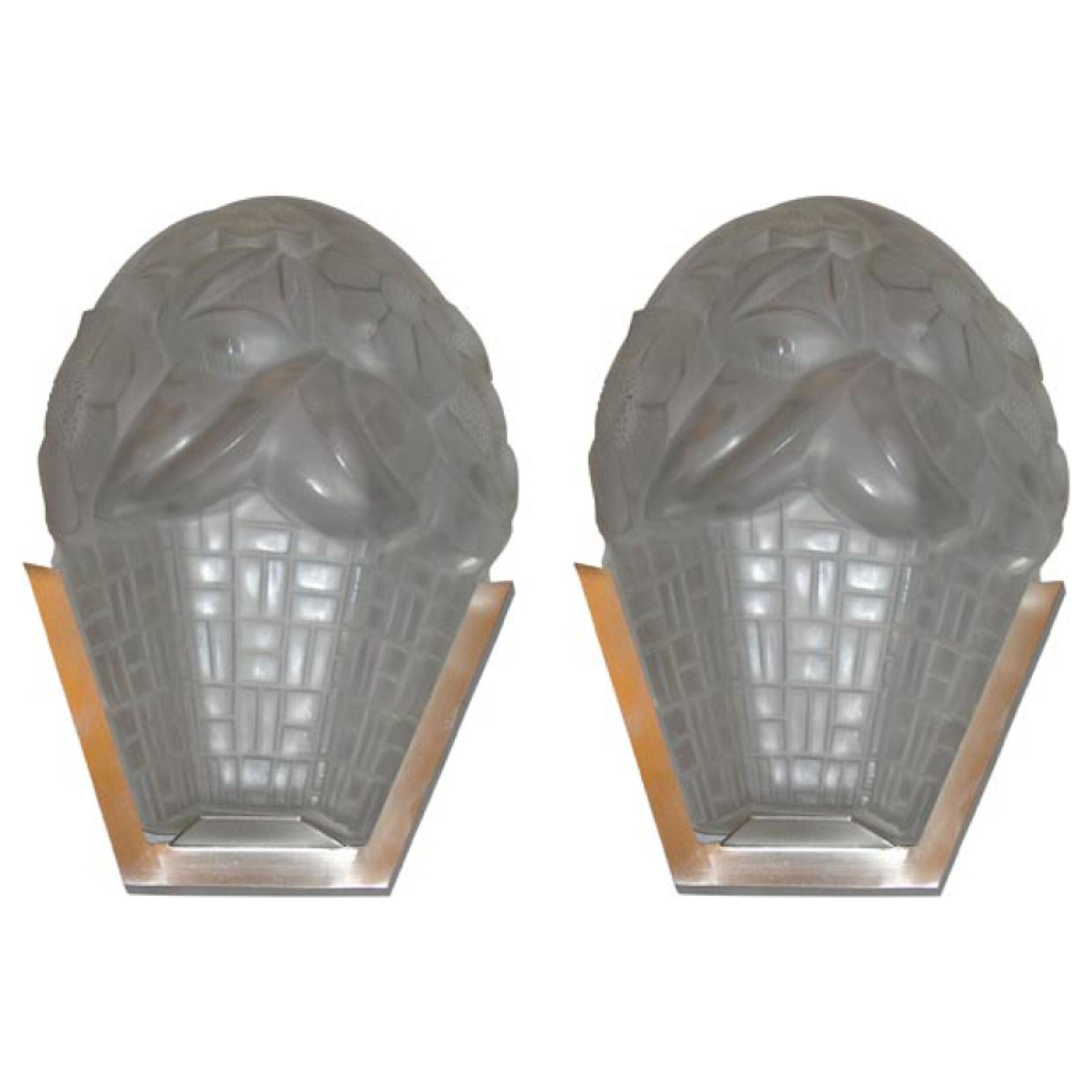 Signed French Art Deco Wall Sconces by Degue