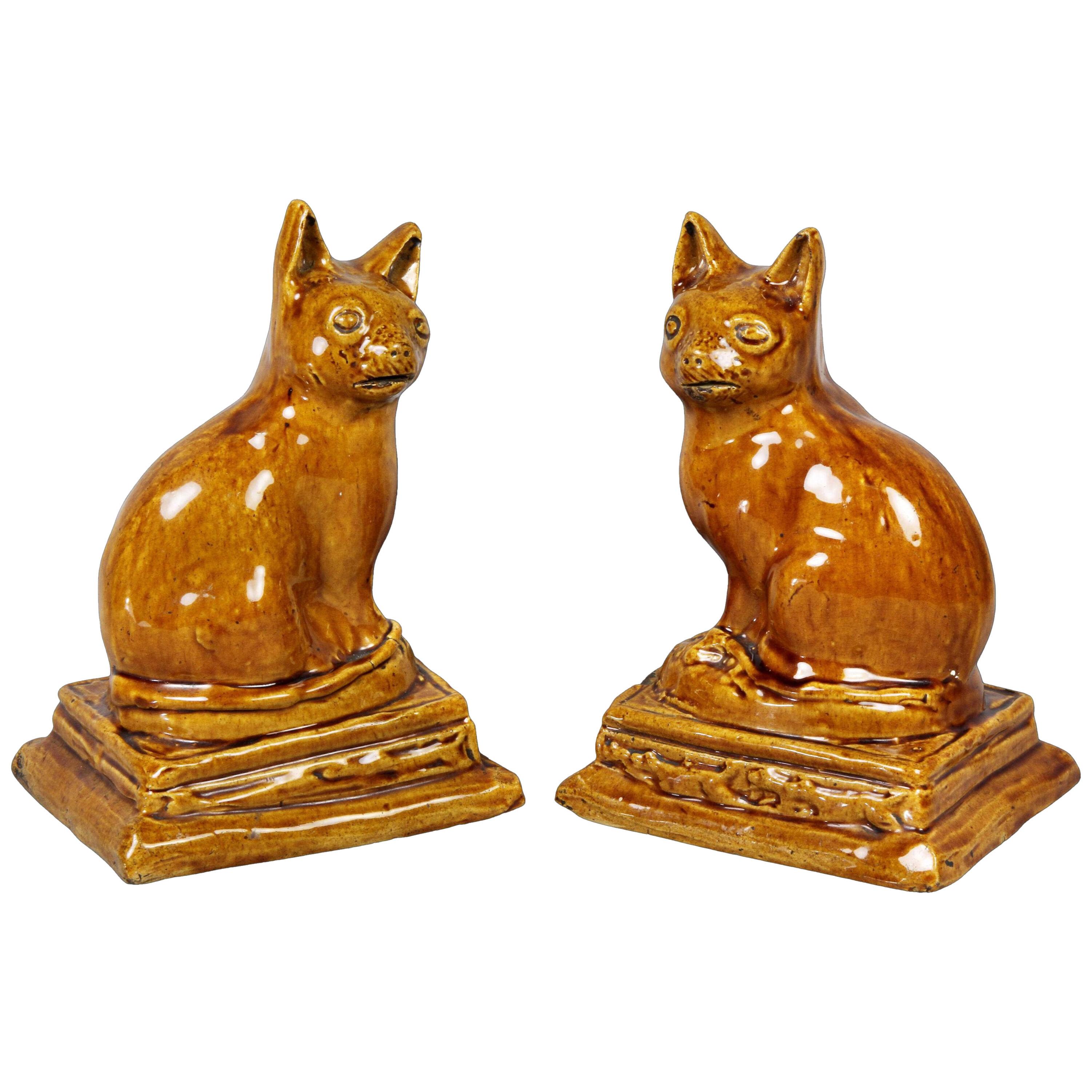 Brown Stoneware Cats - a Pair