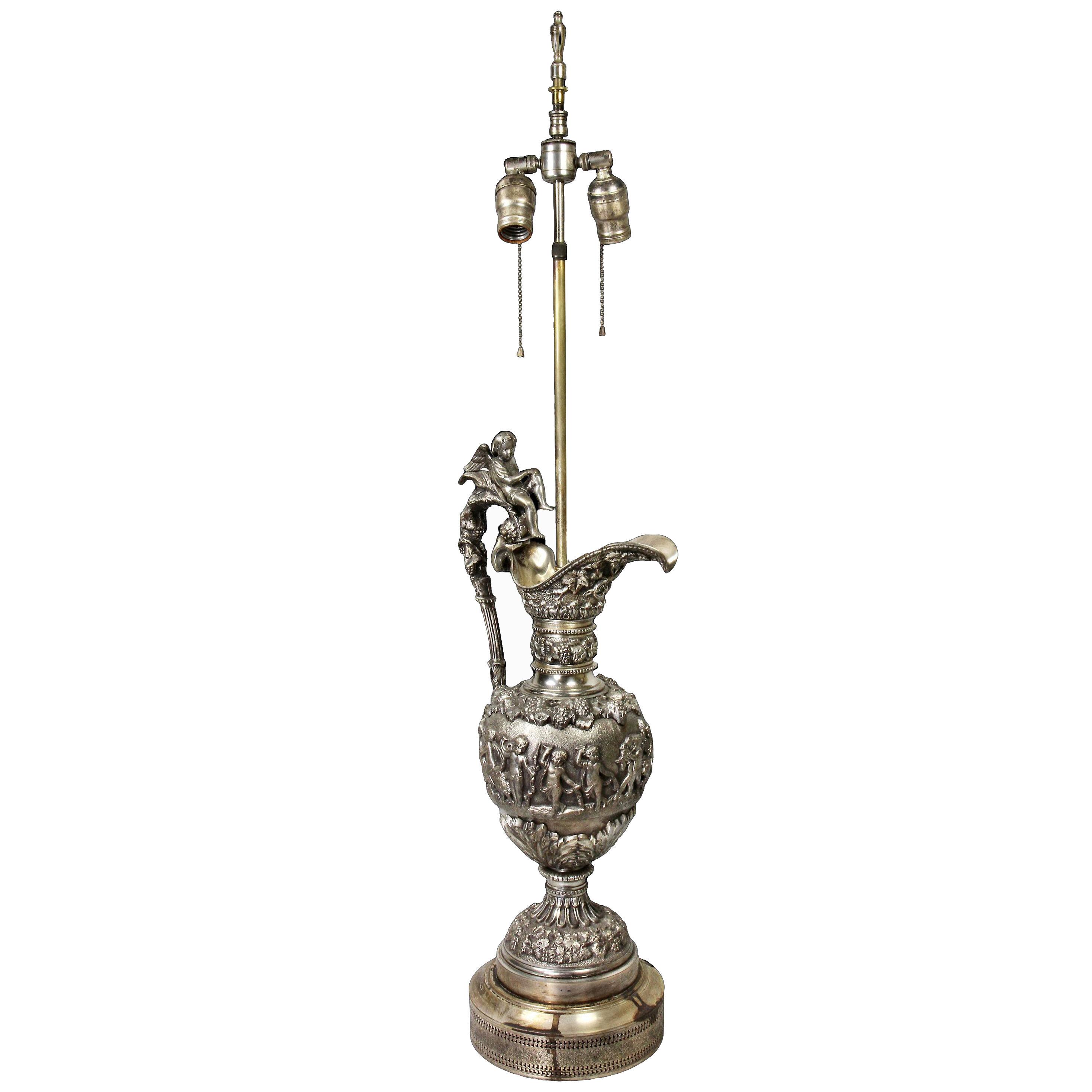French Silvered Bronze Ewer Table Lamp Retailed by Tiffany