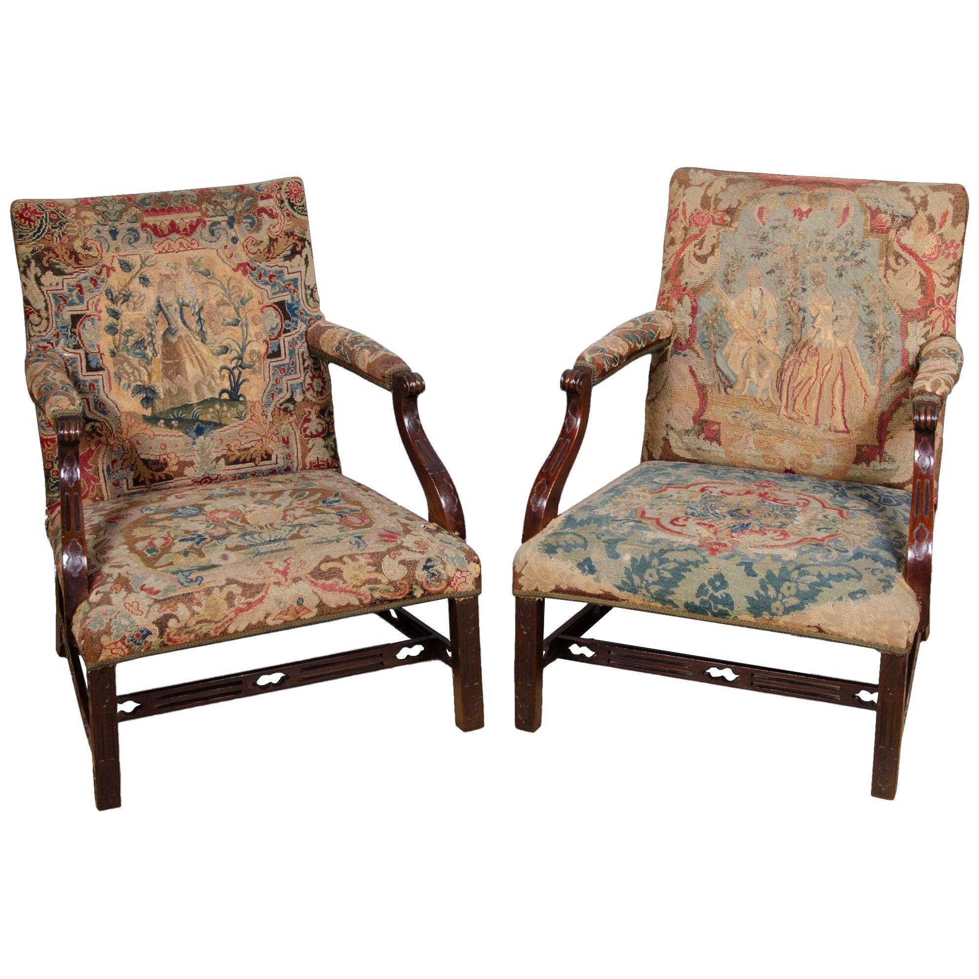 George III Mahogany Library Armchairs - a Pair