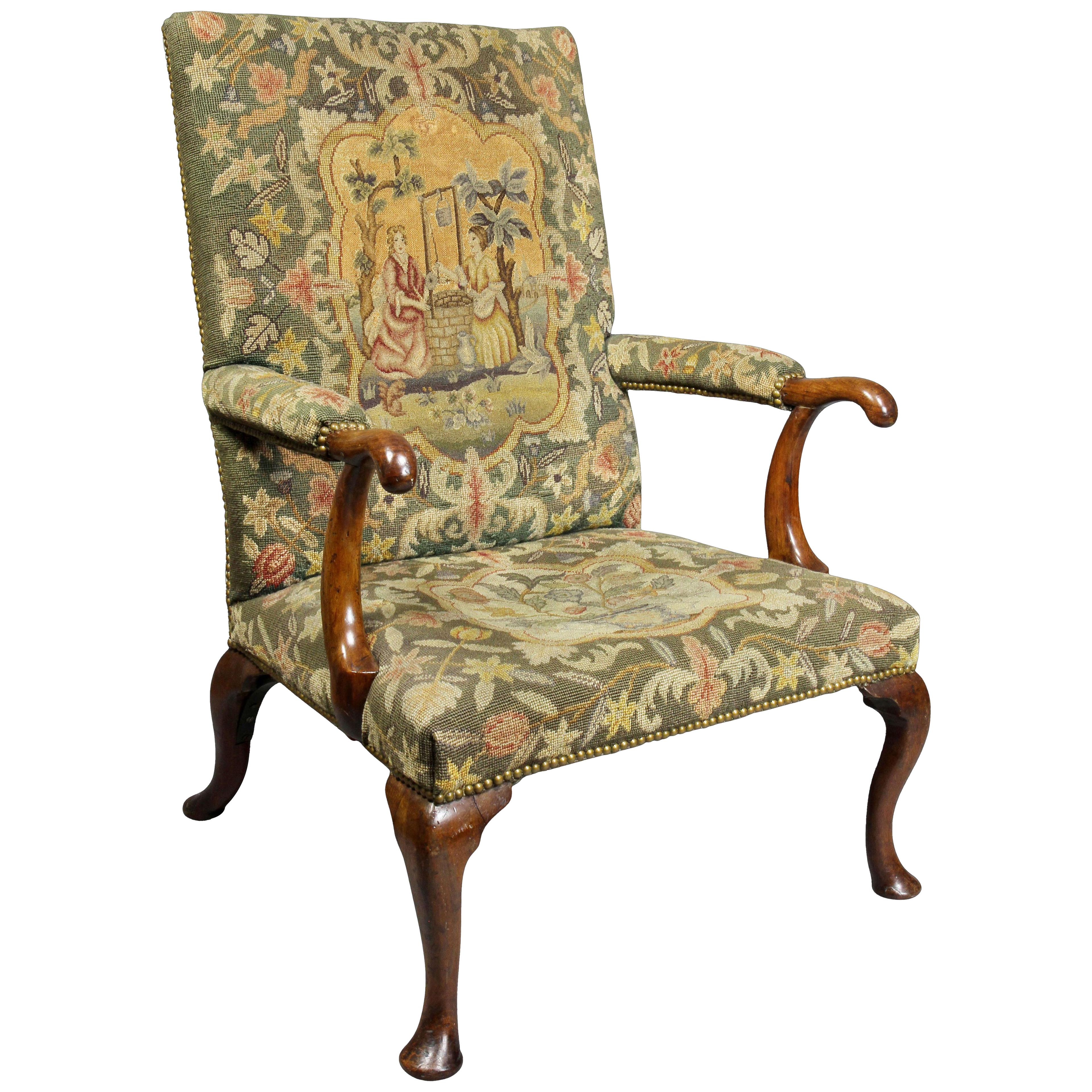 Early 18th Century Queen Anne Walnut and Needlepoint Upholstered Armchair