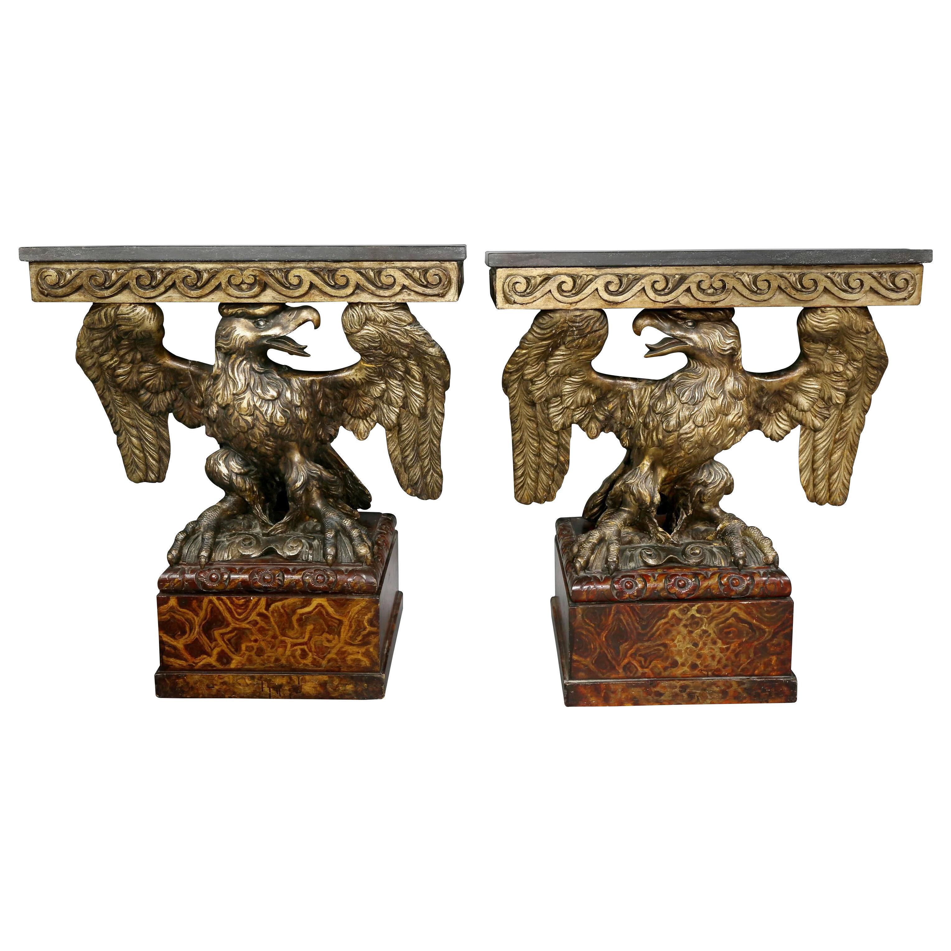 George II Style Giltwood and Grey Marble Eagle Console Tables - a Pair