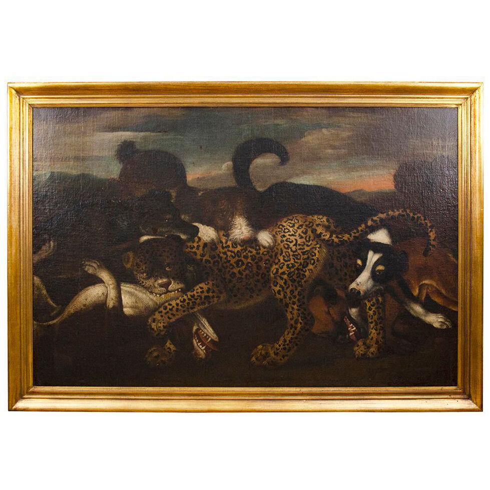 European Oil on Canvas of a Leopard Being Attacked by Dogs