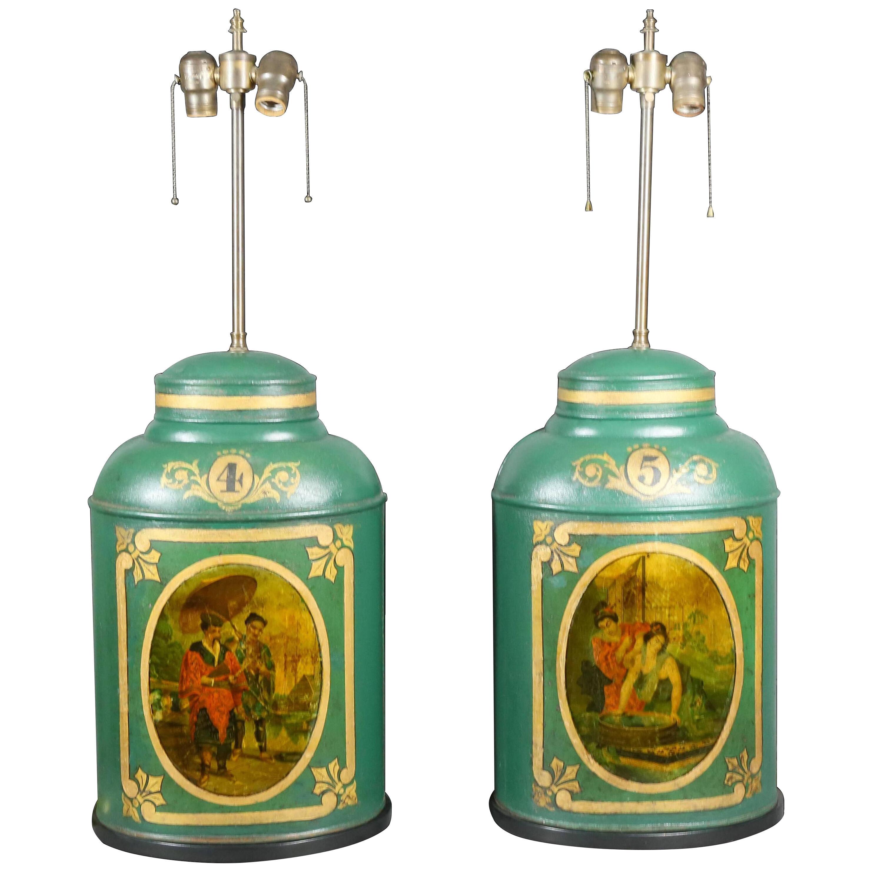 Victorian Tole Tea Canister Table Lamps - a Pair