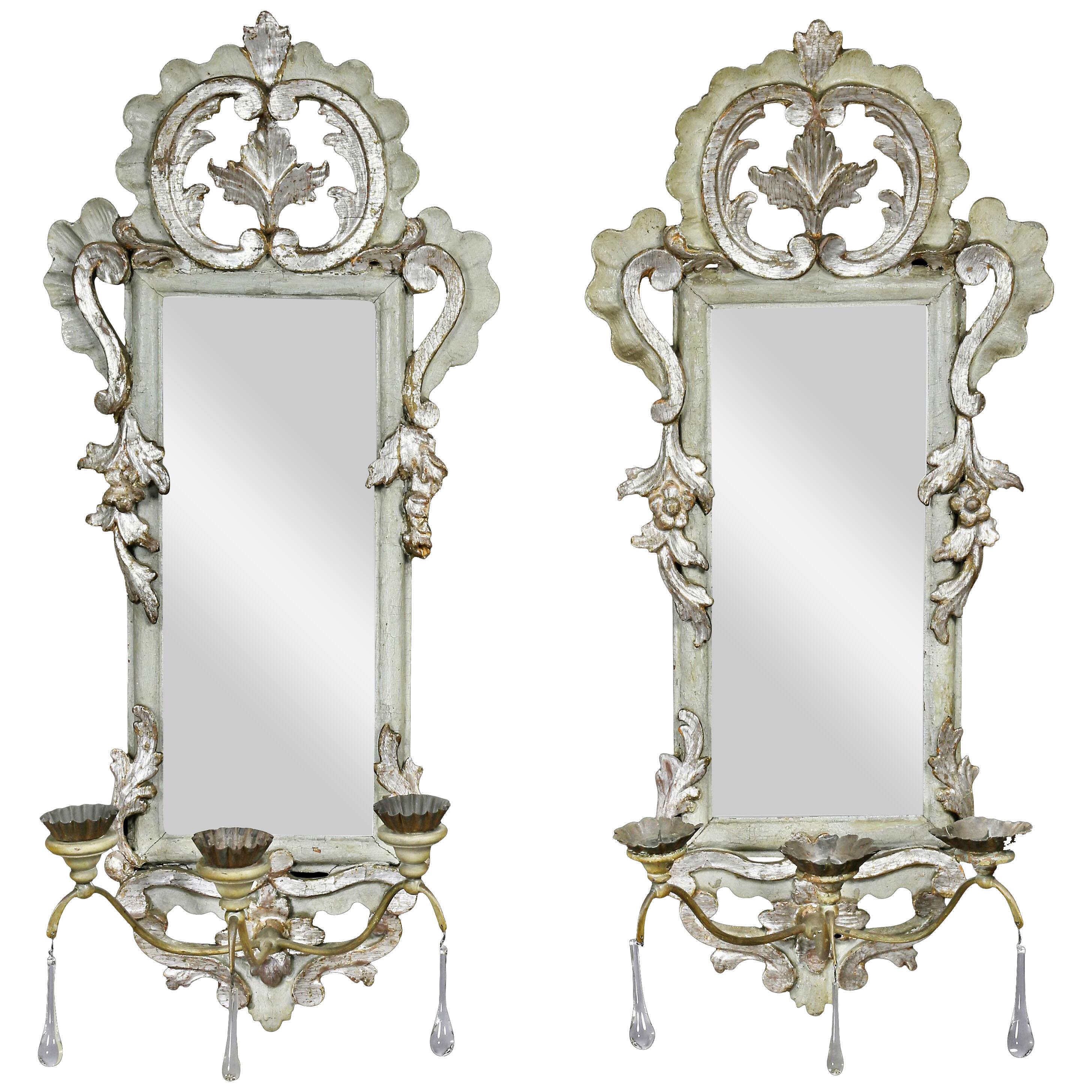 Italian Rococo Gray Painted and Silver Gilt Girandole Mirrors - a Pair