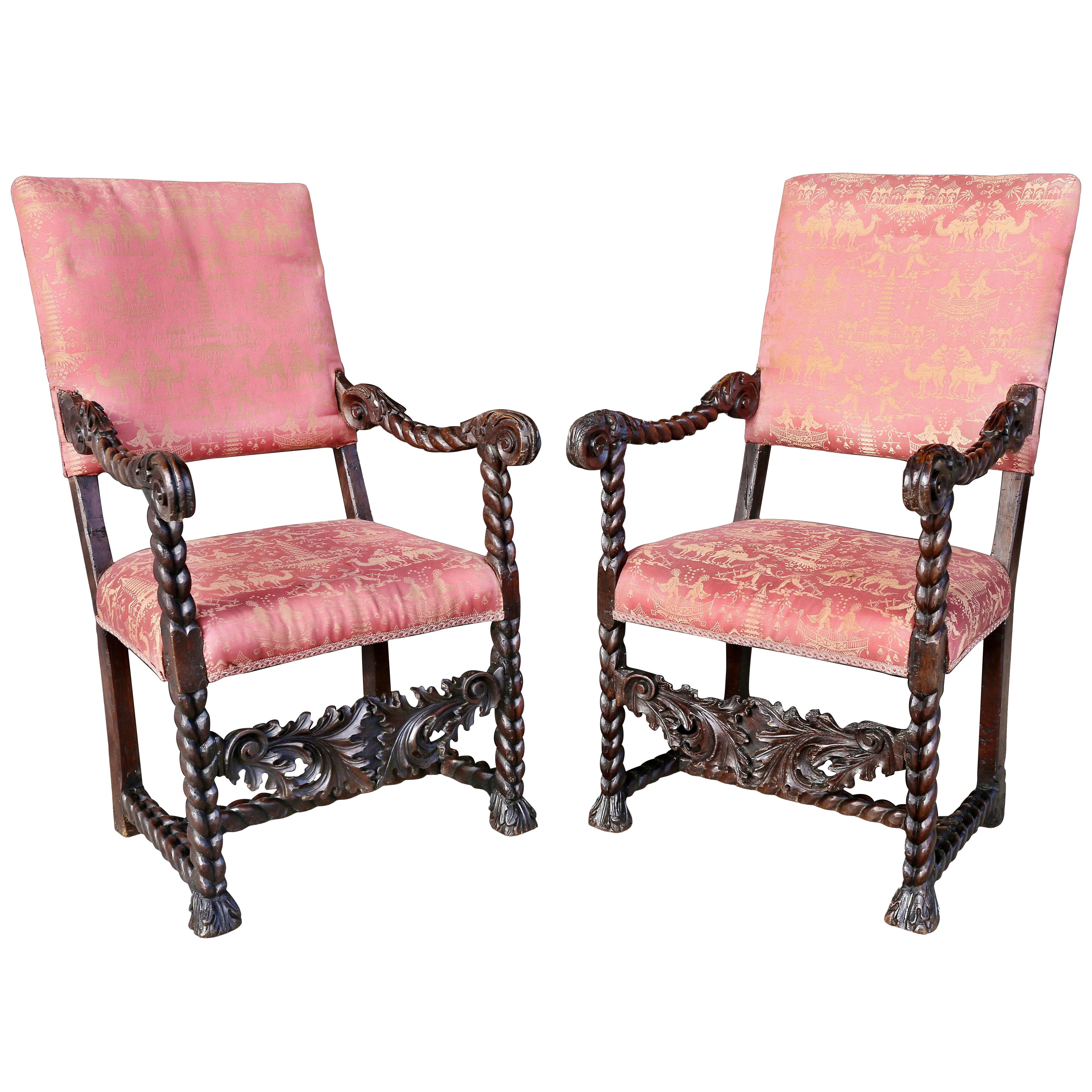 Italian Baroque Walnut Armchairs - a Pair