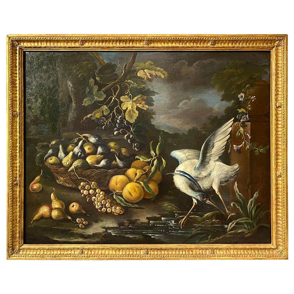 Oil on Canvas Oil Painting of Bird in Fruit and Floral Landscape