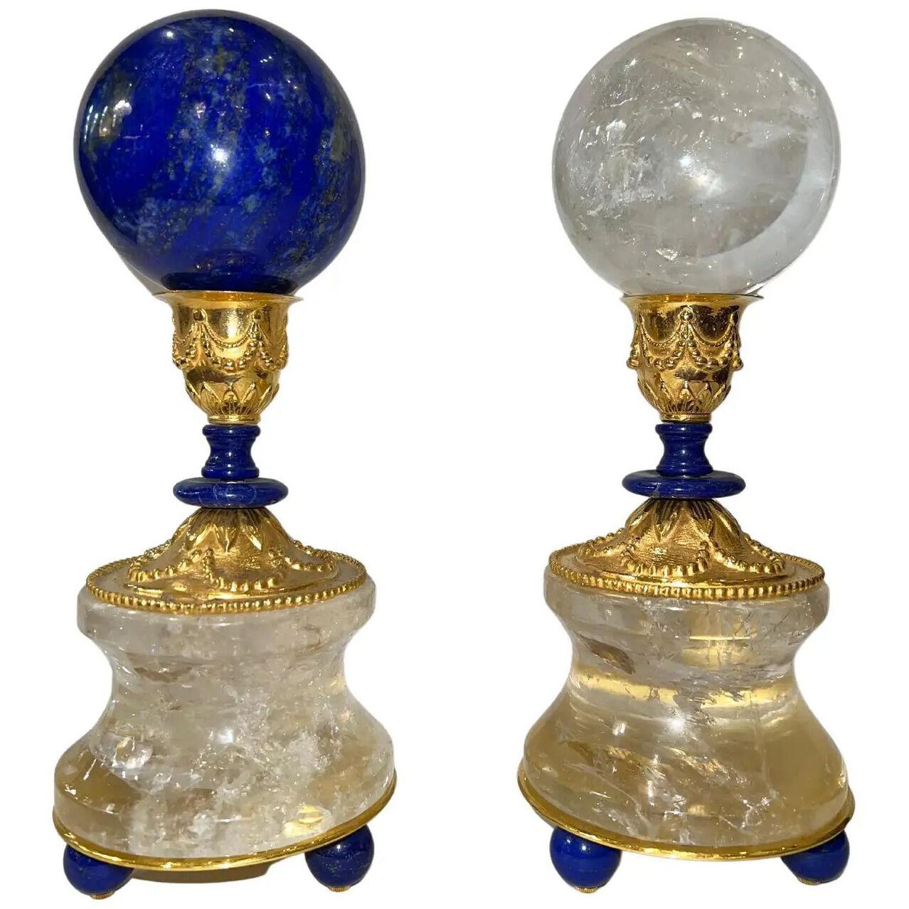 Pair of Support Rock Crystal and Lapis Lazuli Spheres by Alexandre Vossion