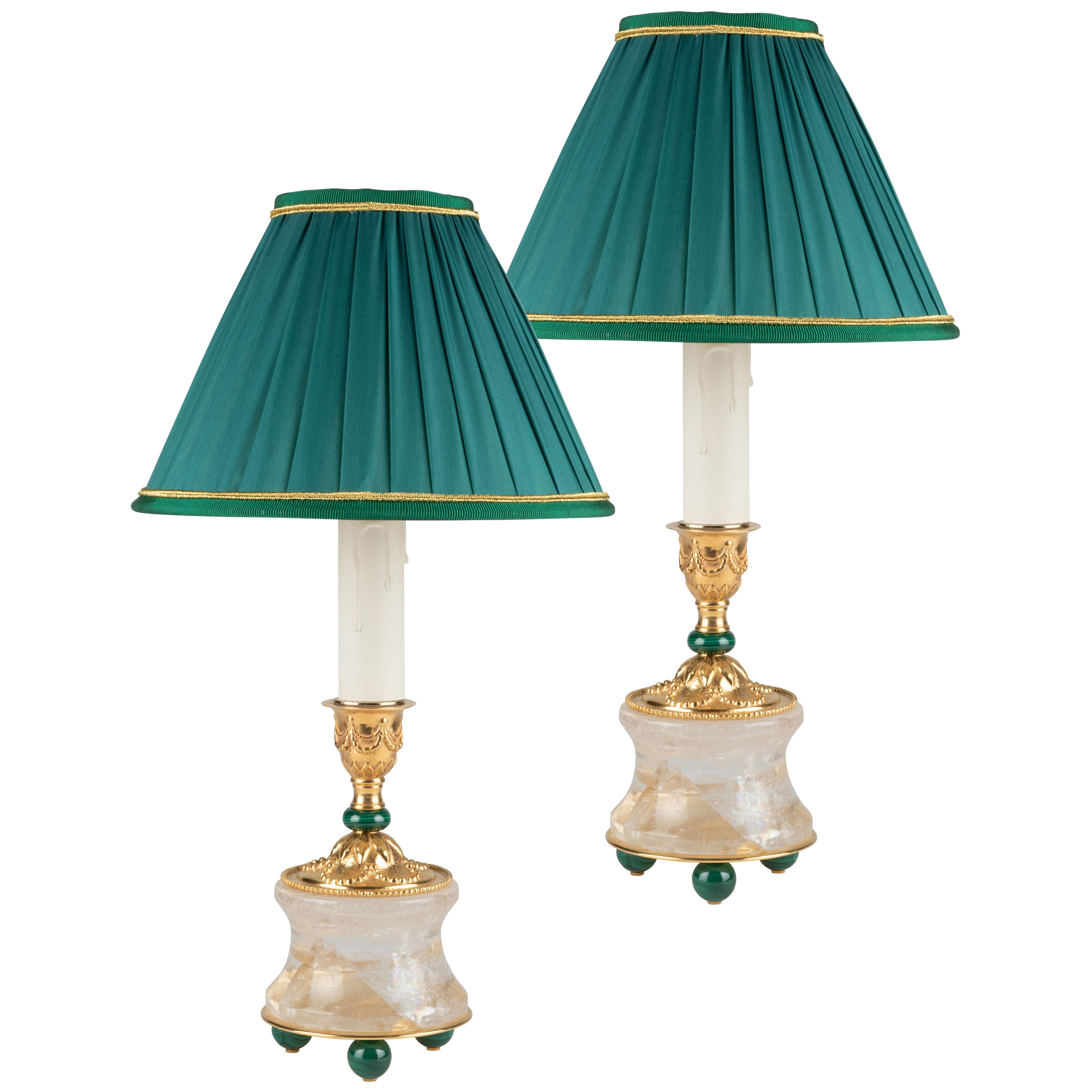 Malachite and Rock Crystal Pair of Lamps by Alexandre Vossion
