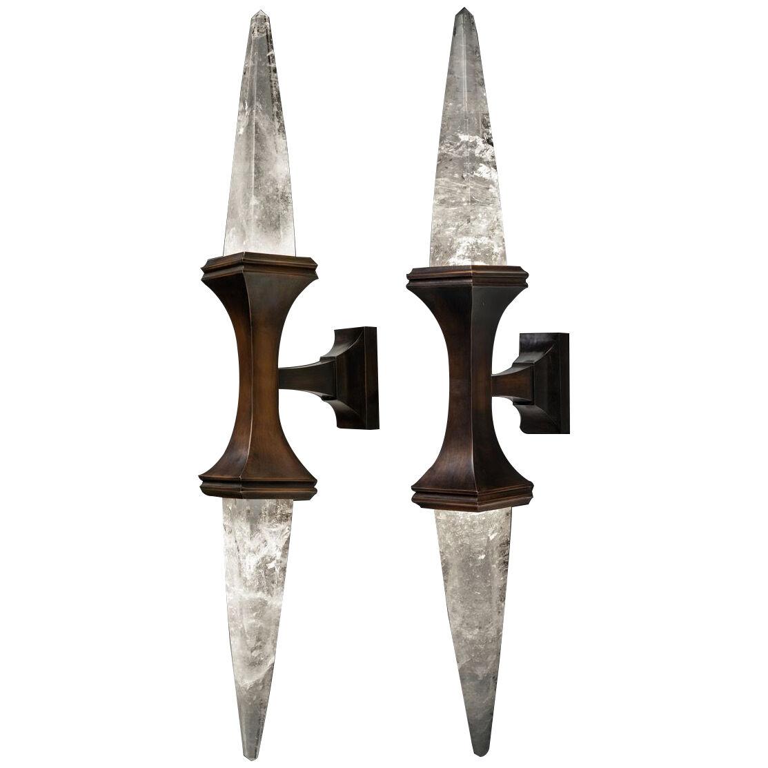 Bronze and Rock Crystal Wall Sconces, Antique Brass Edition, Model I