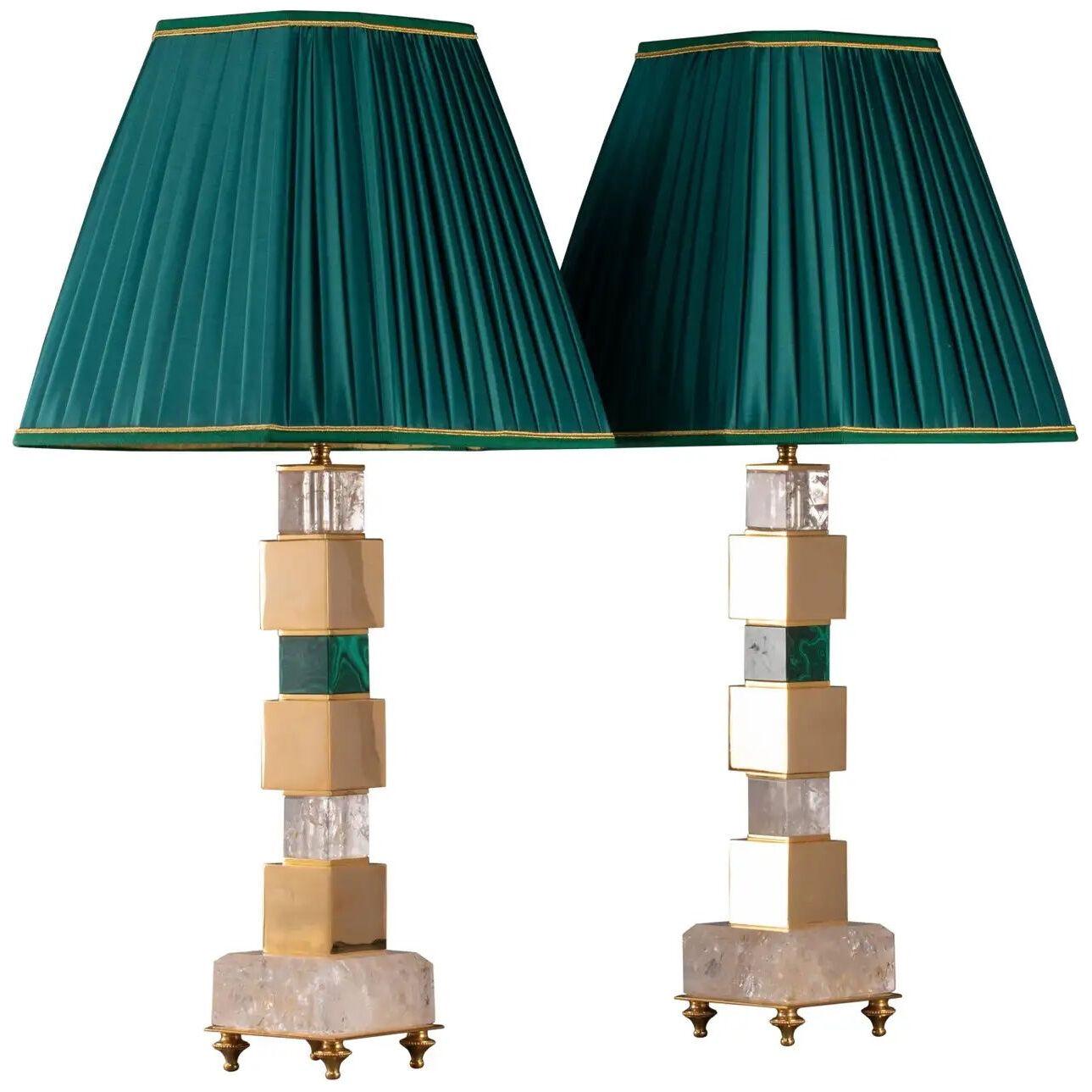 Pair of Rock Crystal and Malachite Lamps by Alexandre Vossion