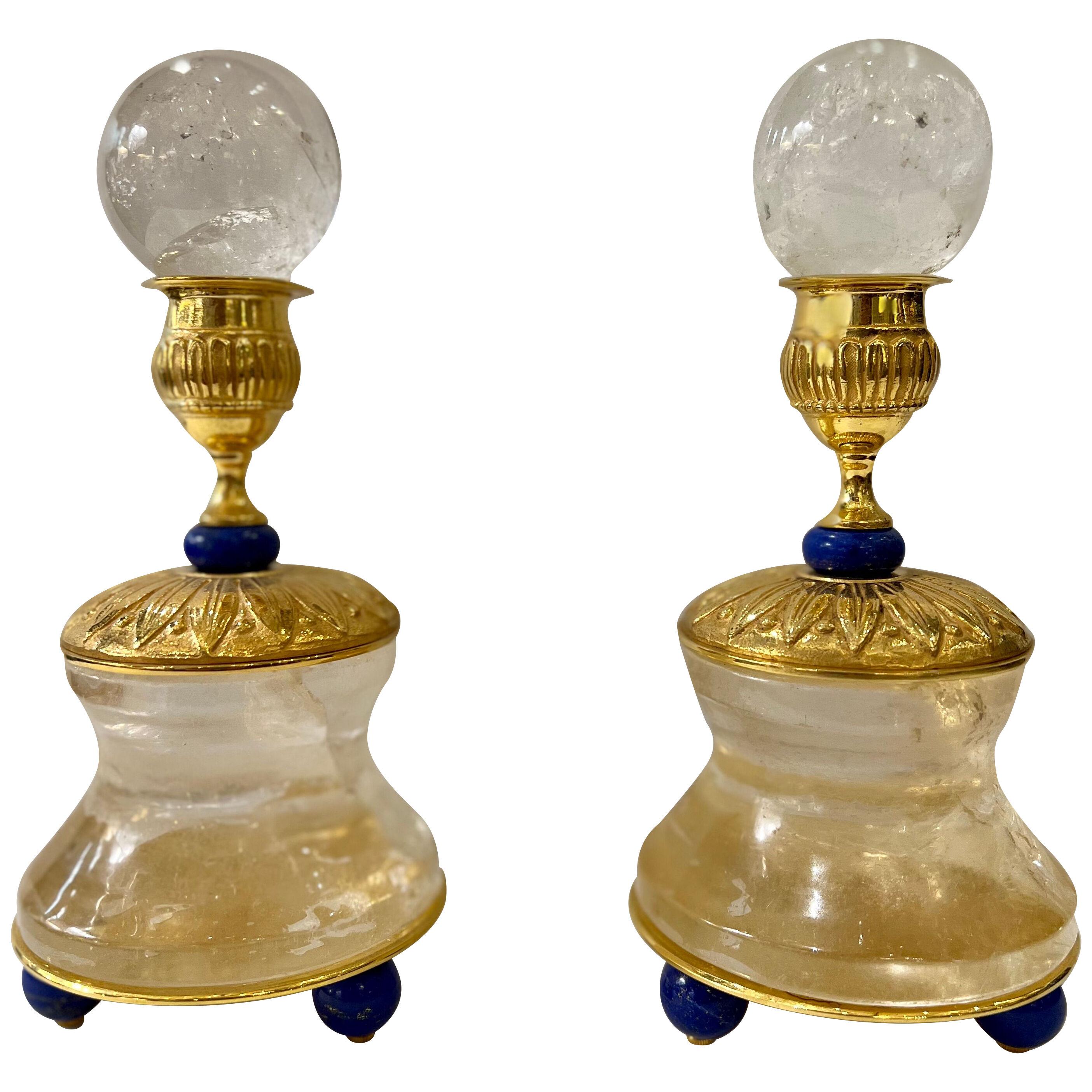 Pair of Rock Crystal and 24 K Gold Plated Bronze Support Spheres Holdlers