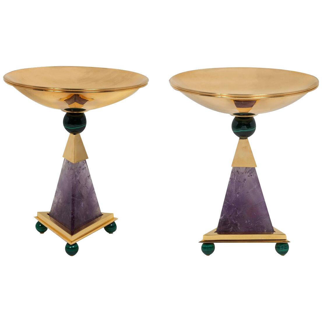 Amethyst, 24 K Goldplated, Malachite Pairs of Centerpieces