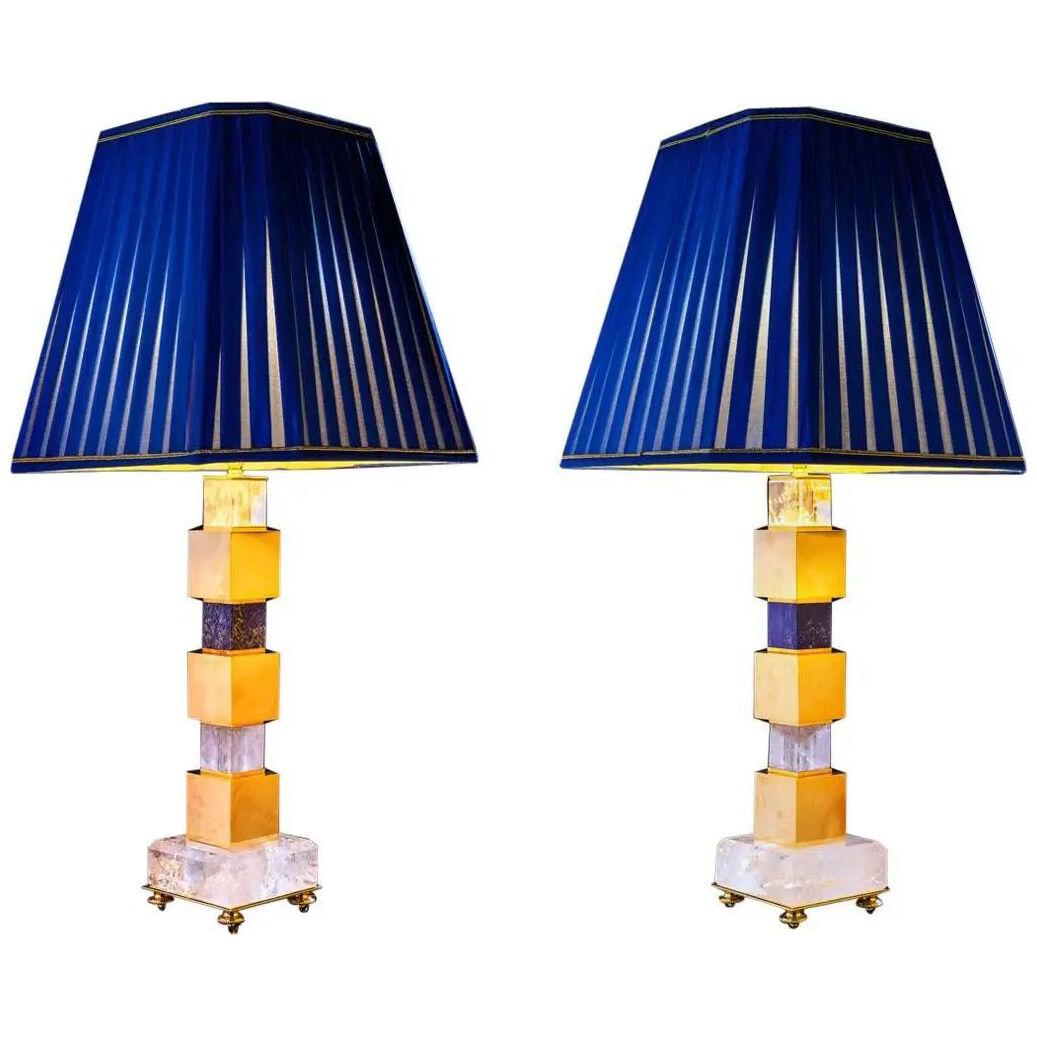 Rock Crystal and Lapis Lazuli Art Deco Style Pair of Lamps by Alexandre Vossion