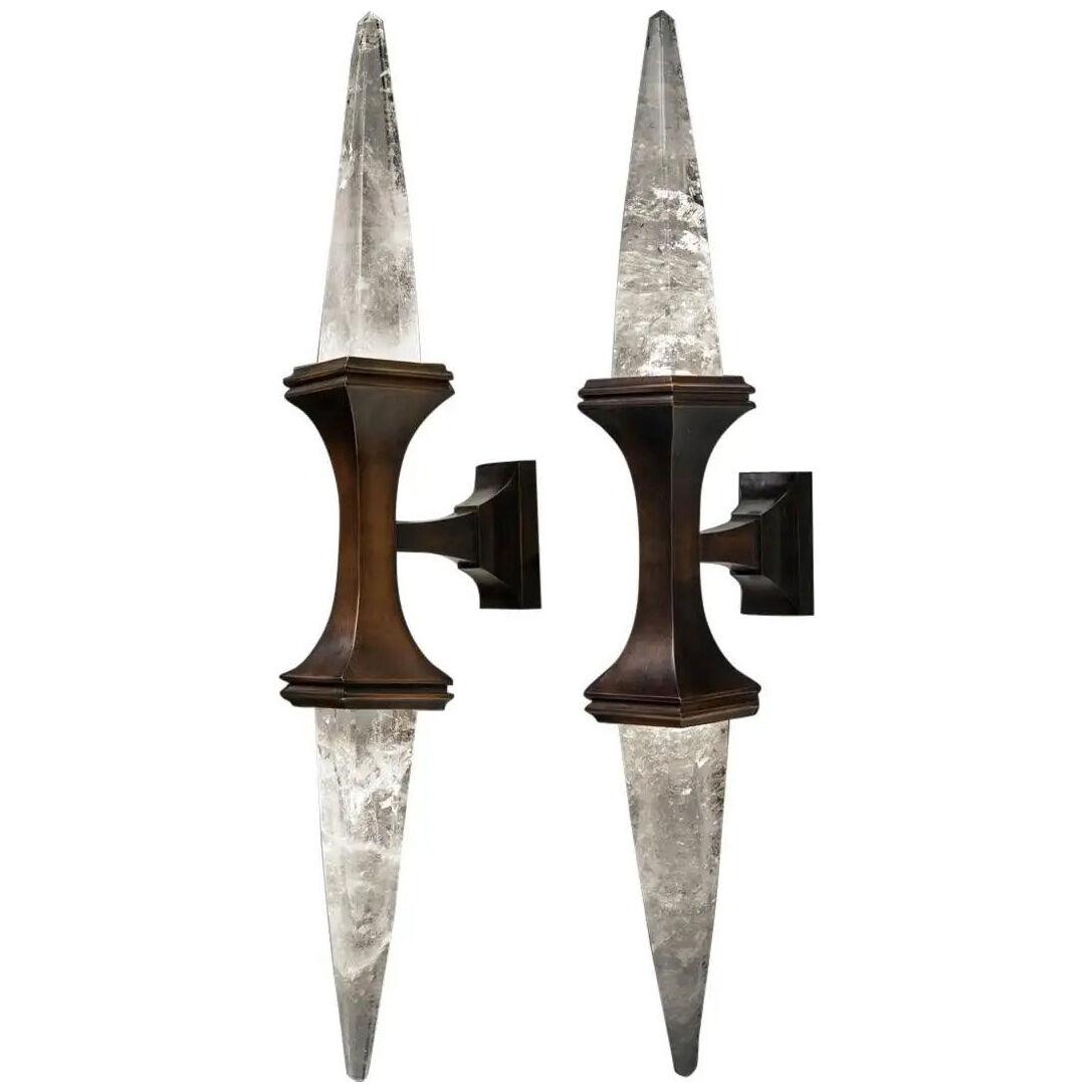 Bronze and Rock Crystal Wall Sconces, Antique Brass Edition, Model I