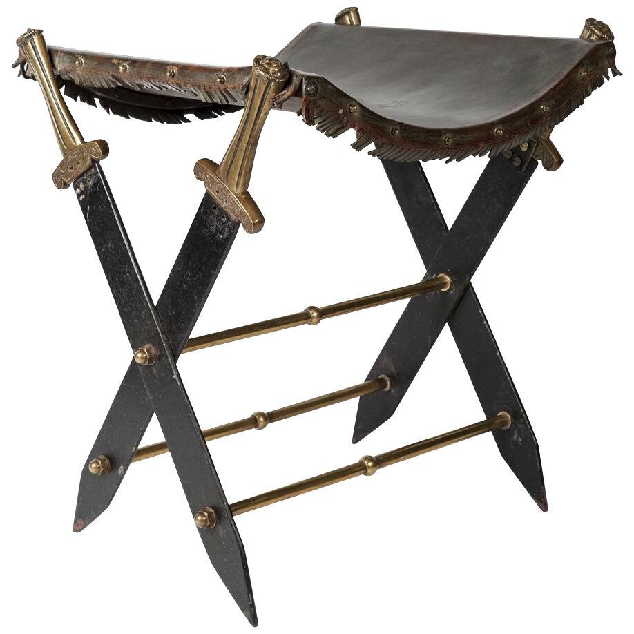 Sword Stool with Leather Seat, 19th Century