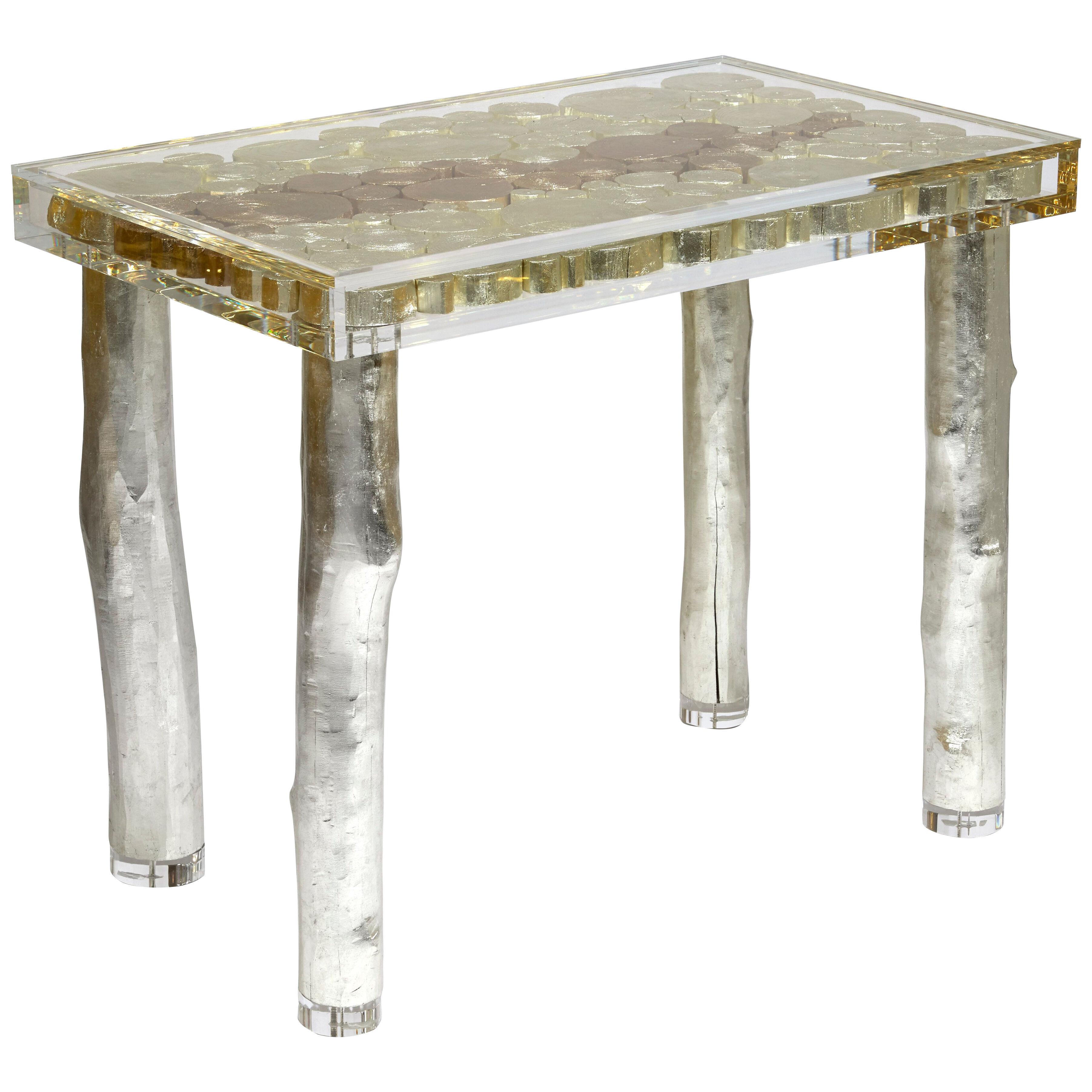 CHANGER Table. Wood. Golden leaves. Acrylic. Mattia Bonetti