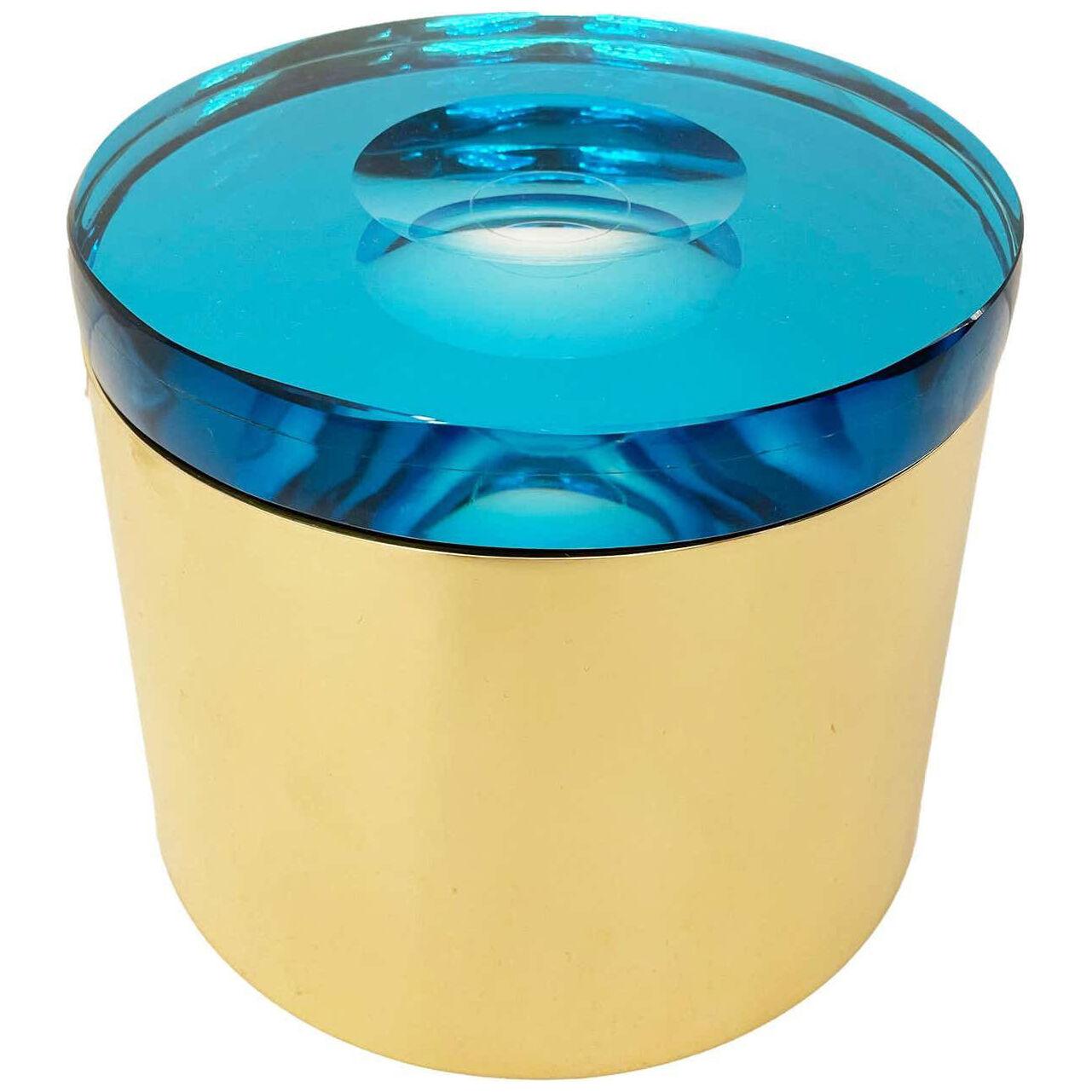 Candela Glass Box. Turquoise Glass and Brass Base