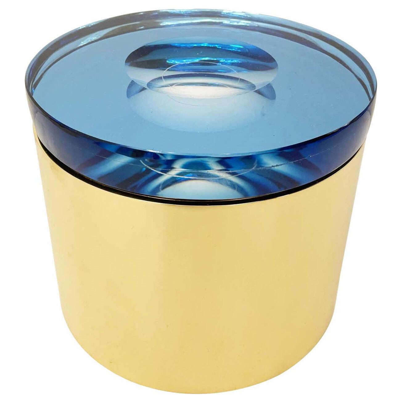 Candela Glass Box. Blue Glass and Brass Base
