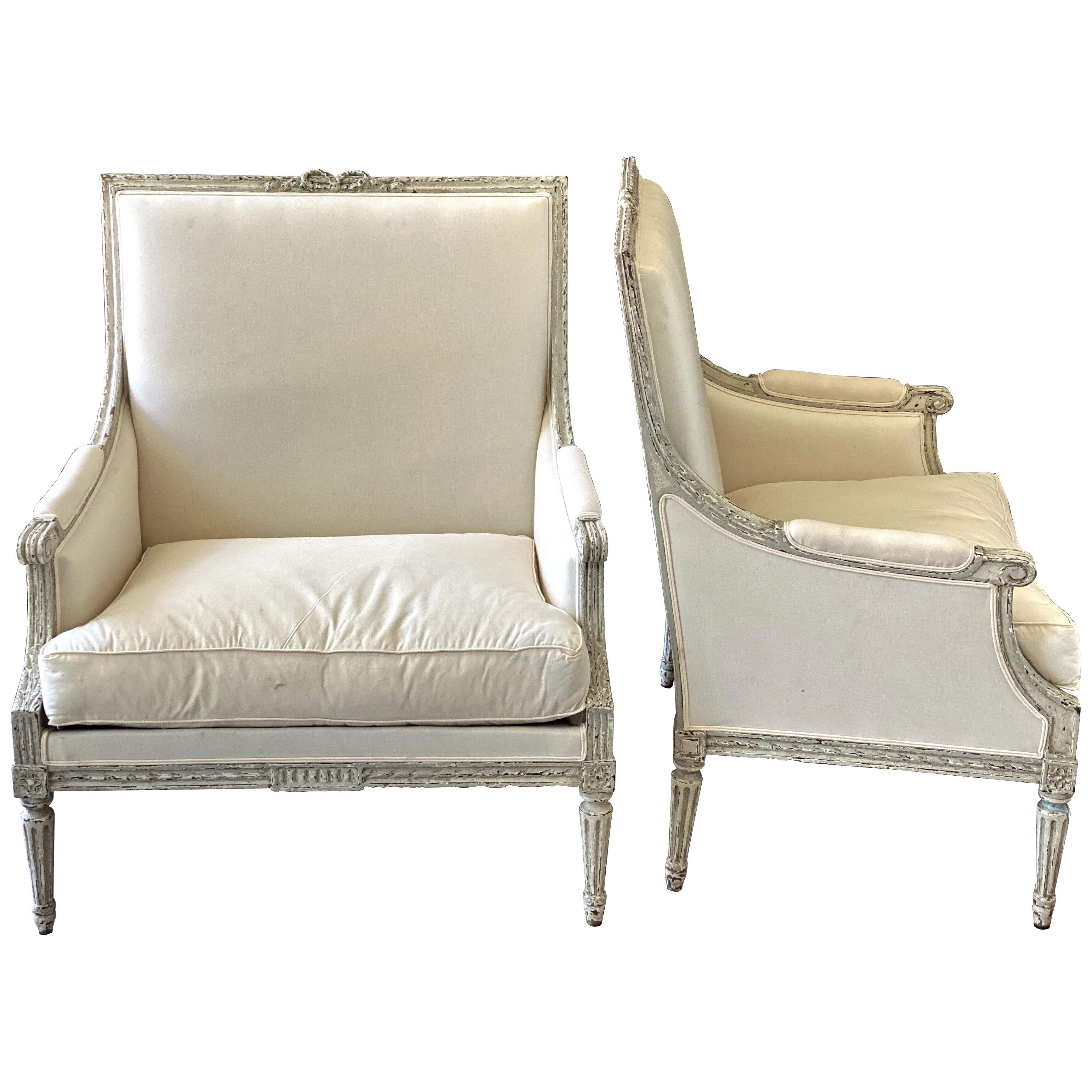 Pair of 19th C French Marquis Louis XVI Bergeres