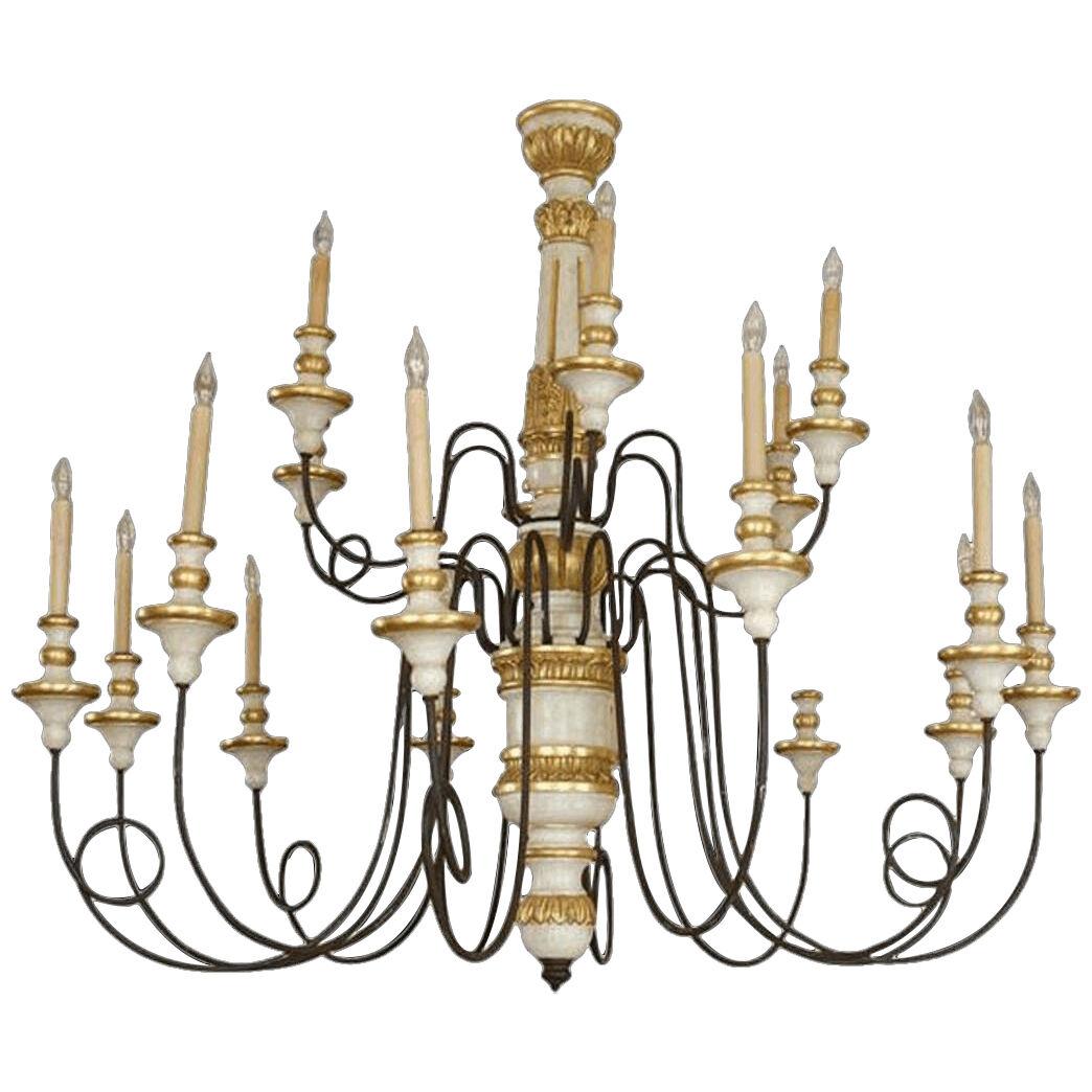 Bespoke 18 Lite Iron & Wood Chandelier From Florence