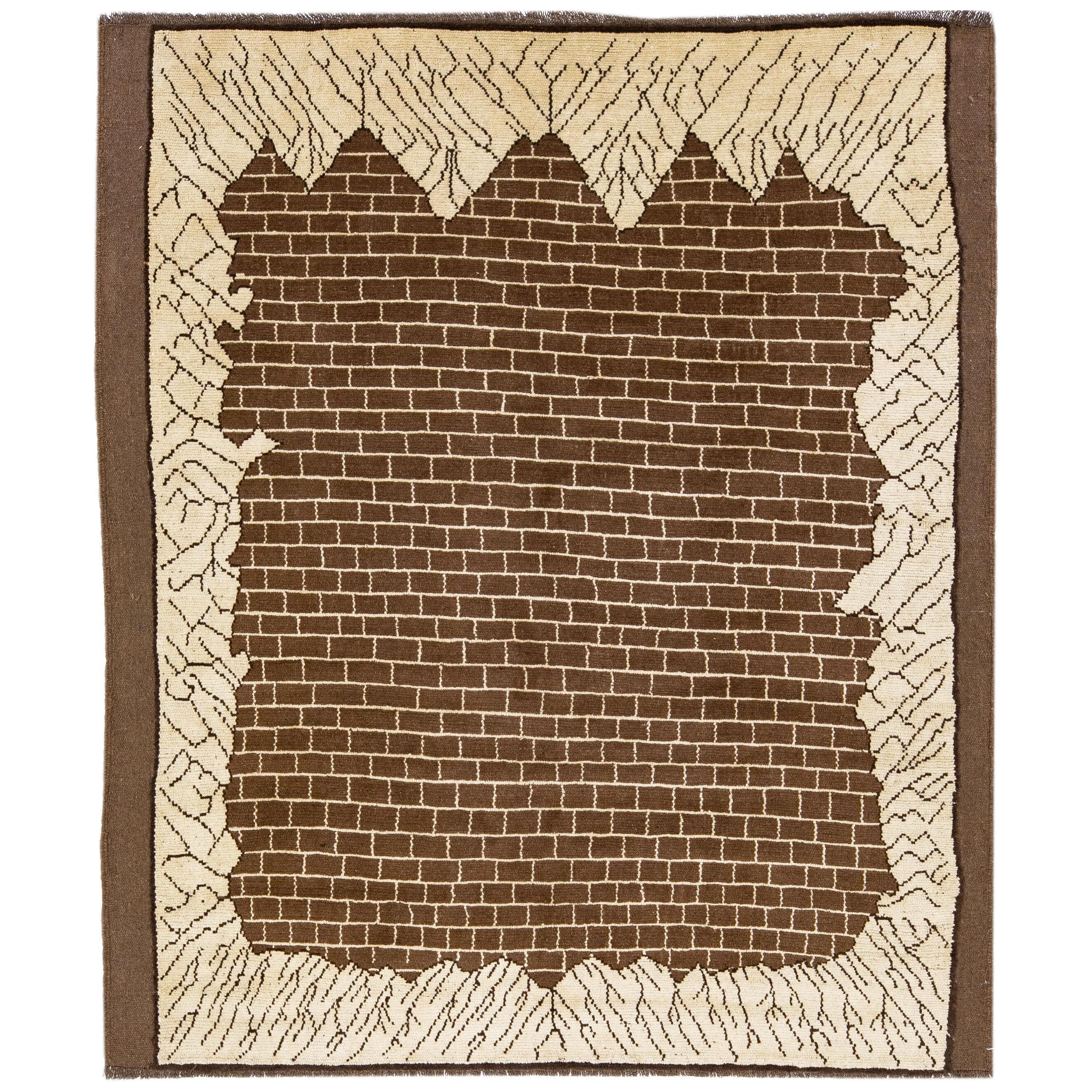 Transitional Art Deco Style Handmade Brown Pattern Wool Rug by Apadana