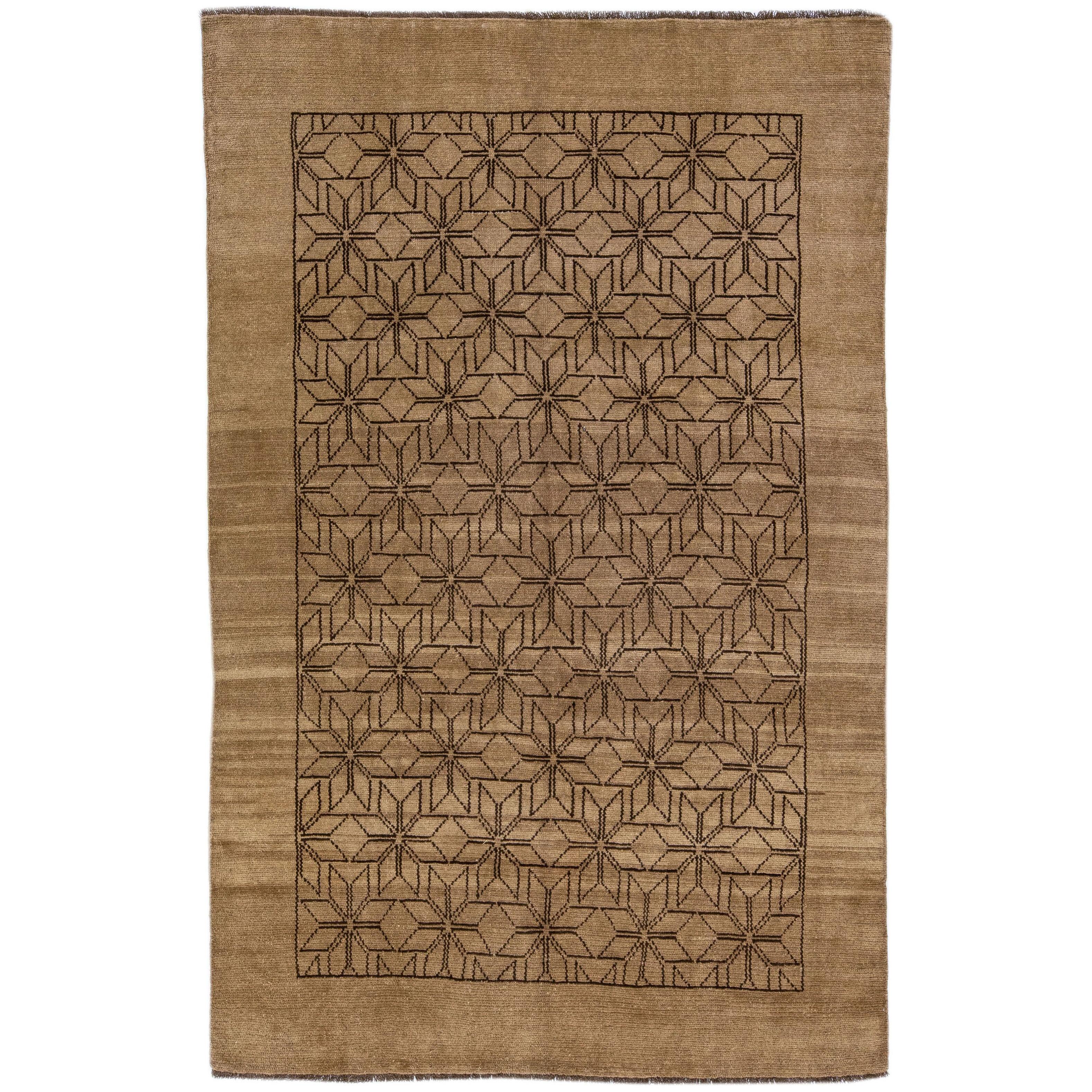 Modern Moroccan Style Handmade Brown Geometric Wool Rug by Apadana