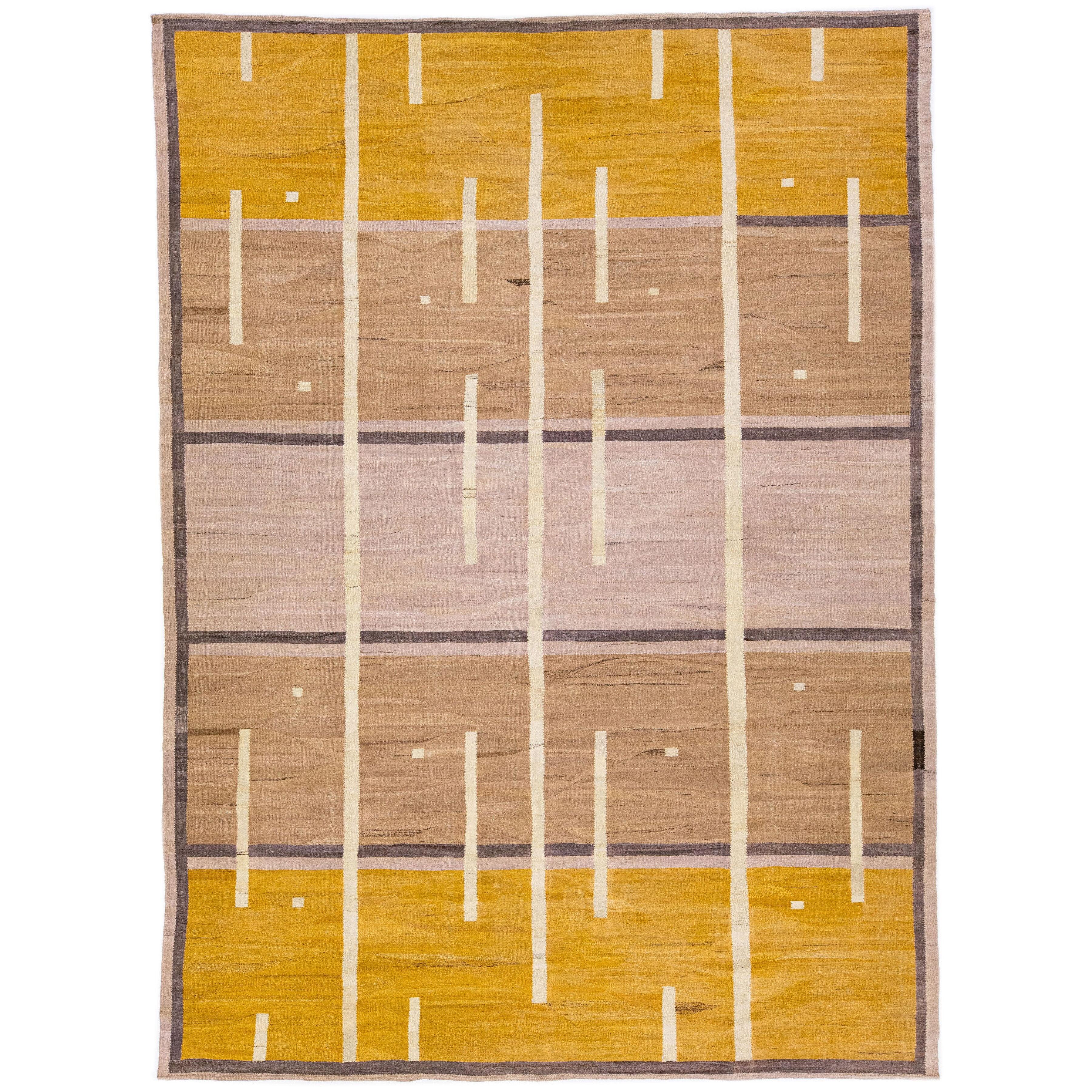 Modern Kilim Wool Rug with Yellow & Brown Deco Style Motif