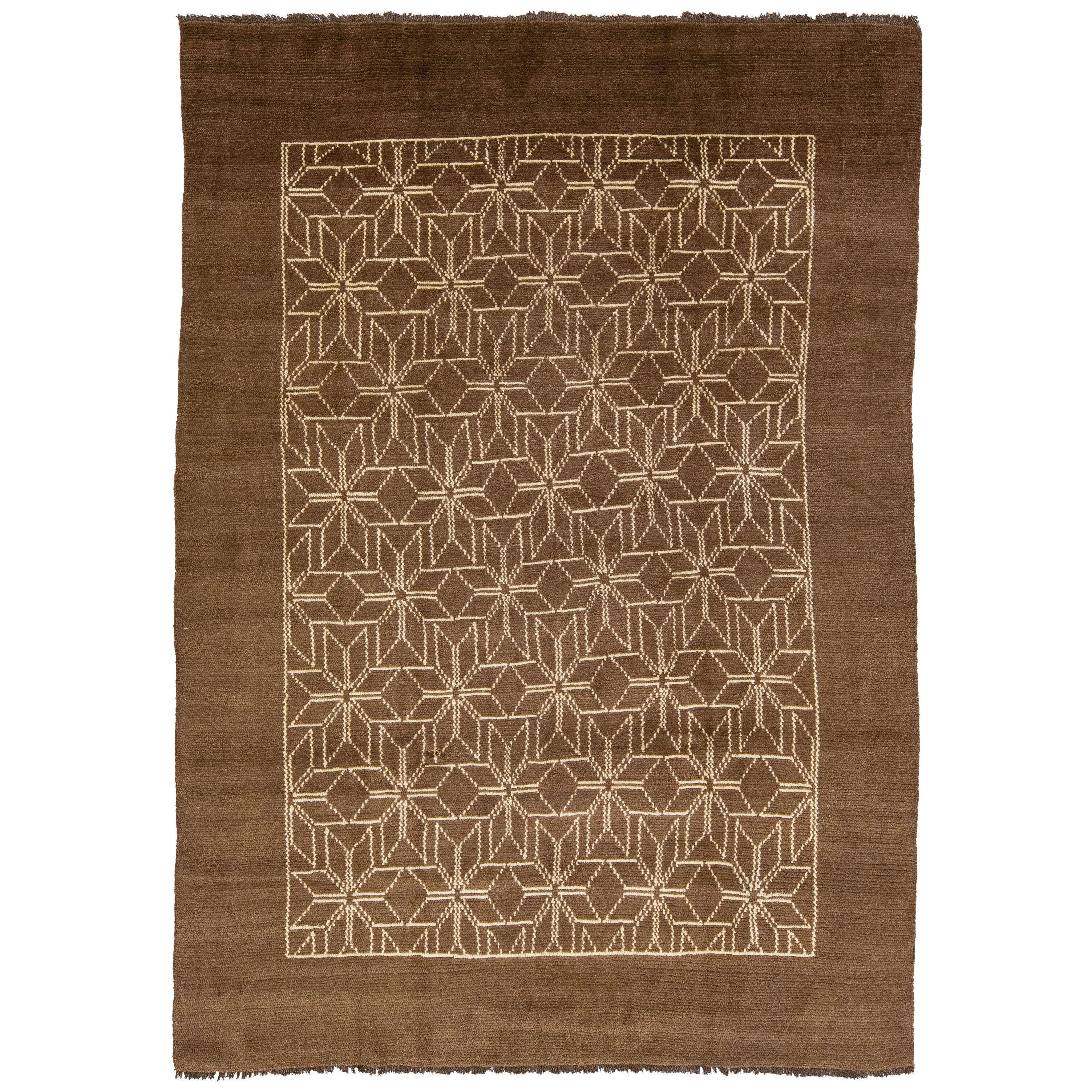 Modern Tribal Style Handmade Brown Designed Wool Rug by Apadana