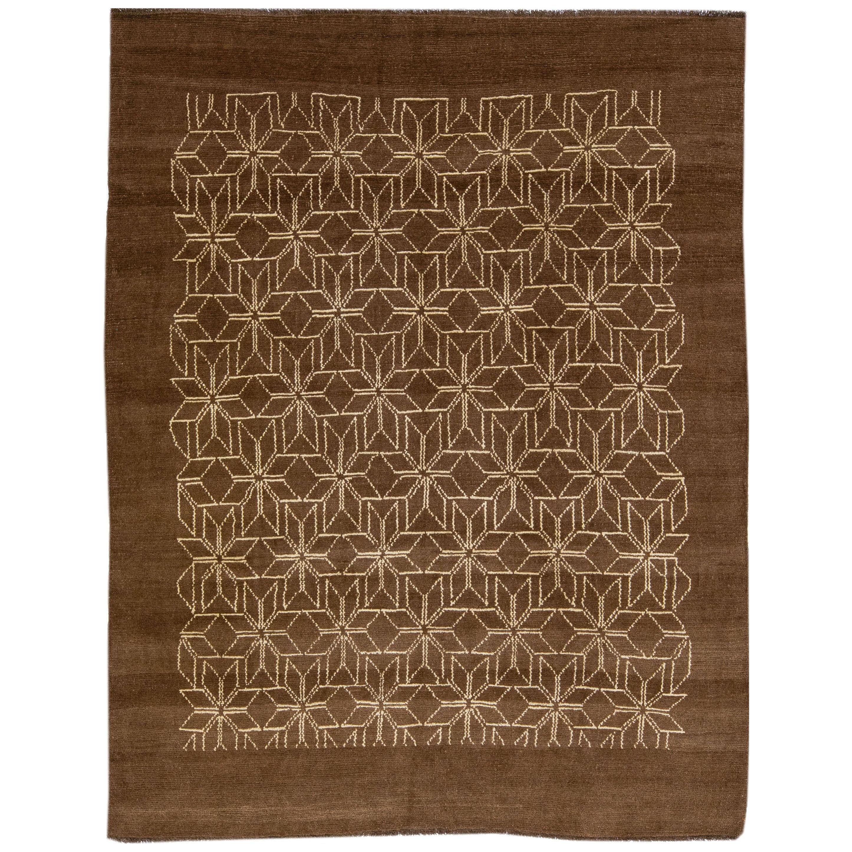 Modern Tribal Style Handmade Geometric Brown Wool Rug by Apadana