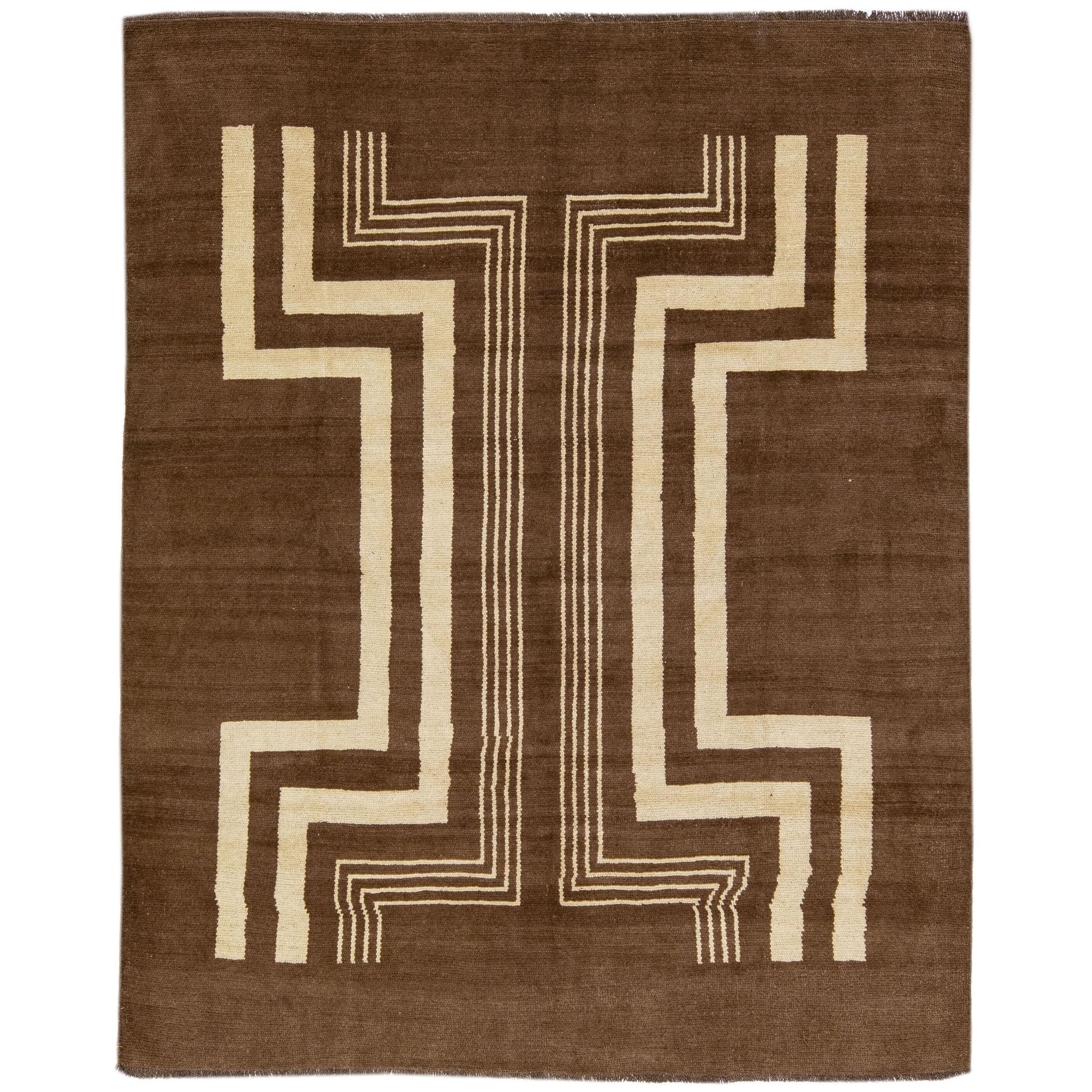 Mid-Century Modern Art Deco Style Brown Handmade Designed Wool Rug by Apadana