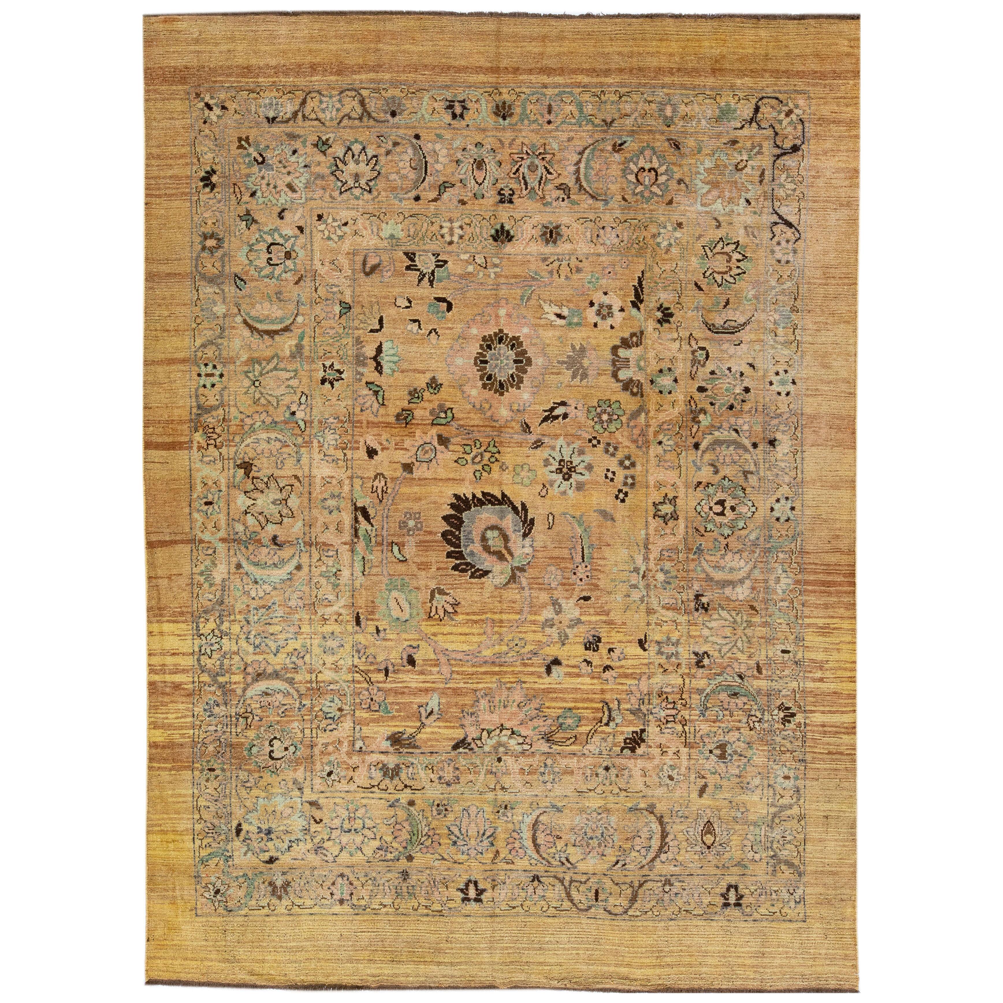 Mid-Century Transitional Style Handmade Allover Floral Tan Wool Rug by Apadana