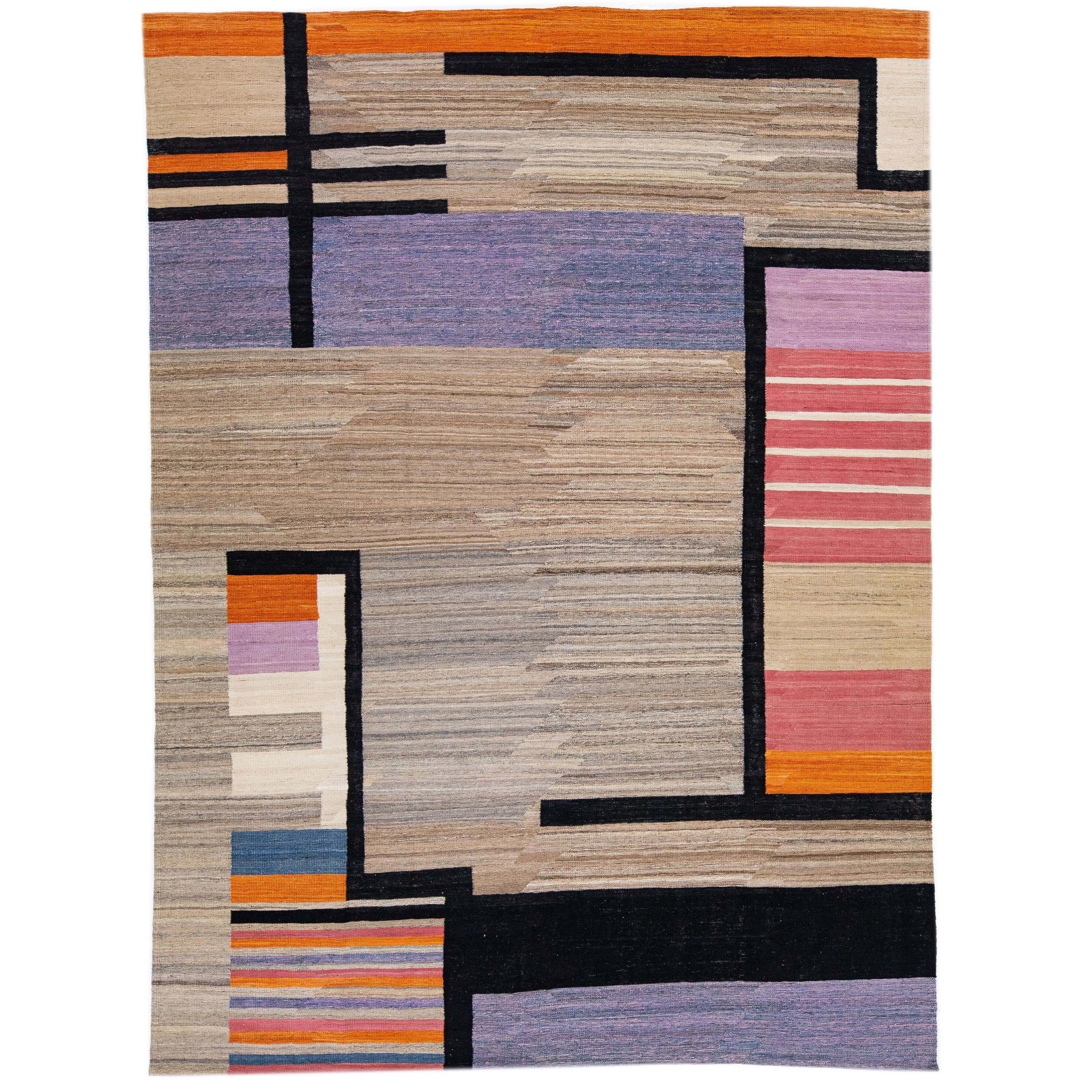 Abstract Contemporary Kilim Wool Rug with Multicolor Field