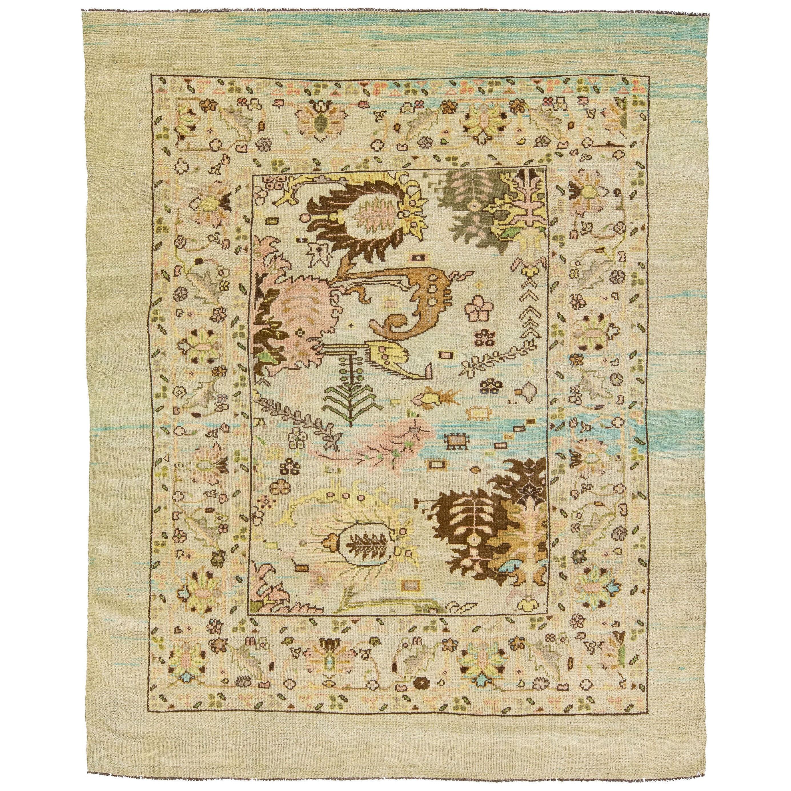 Mid-Century Transitional Style Handmade Floral Motif Beige Wool Rug by Apadana