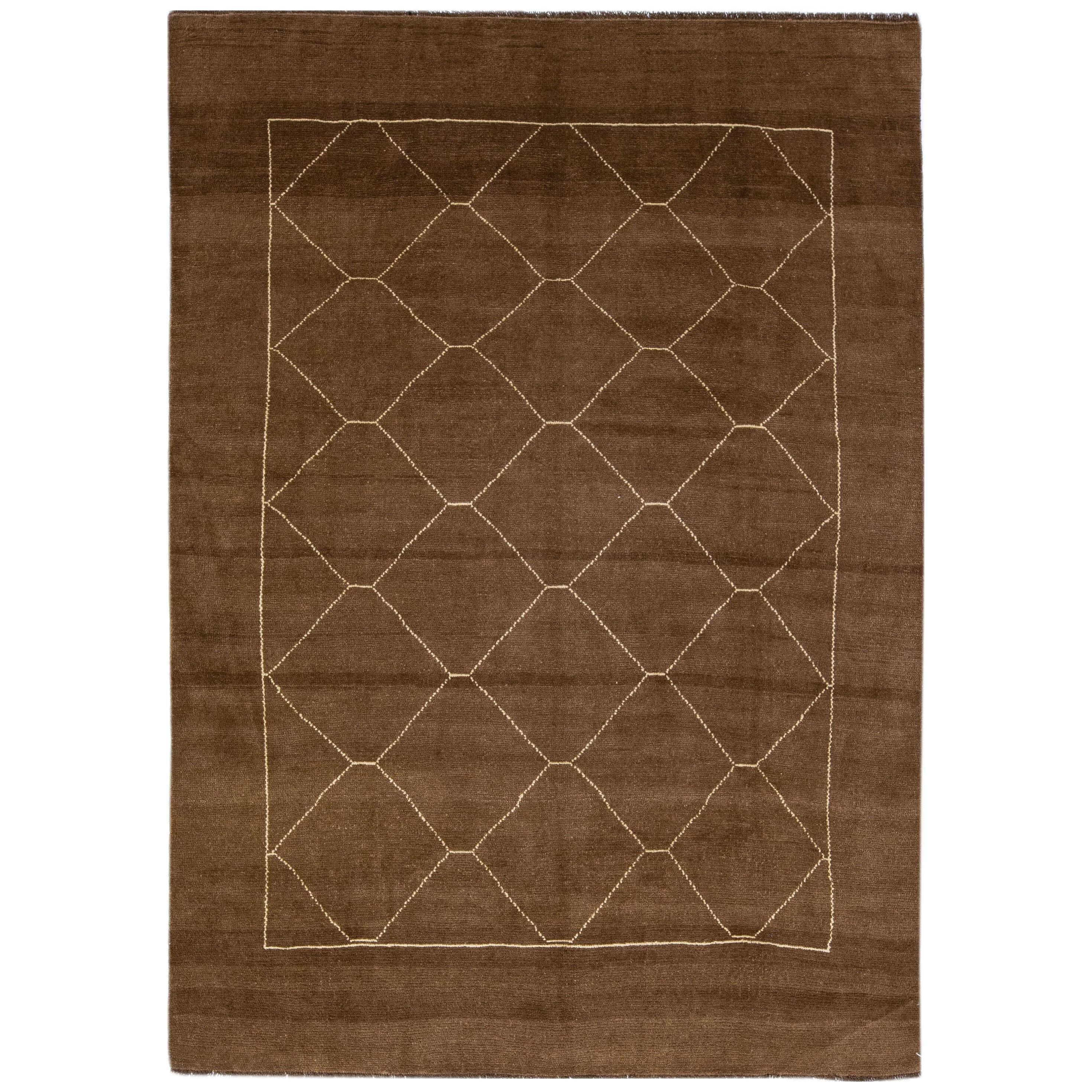 Brown Modern Moroccan Style Handmade Wool Rug with Geometric Motif by Apadana