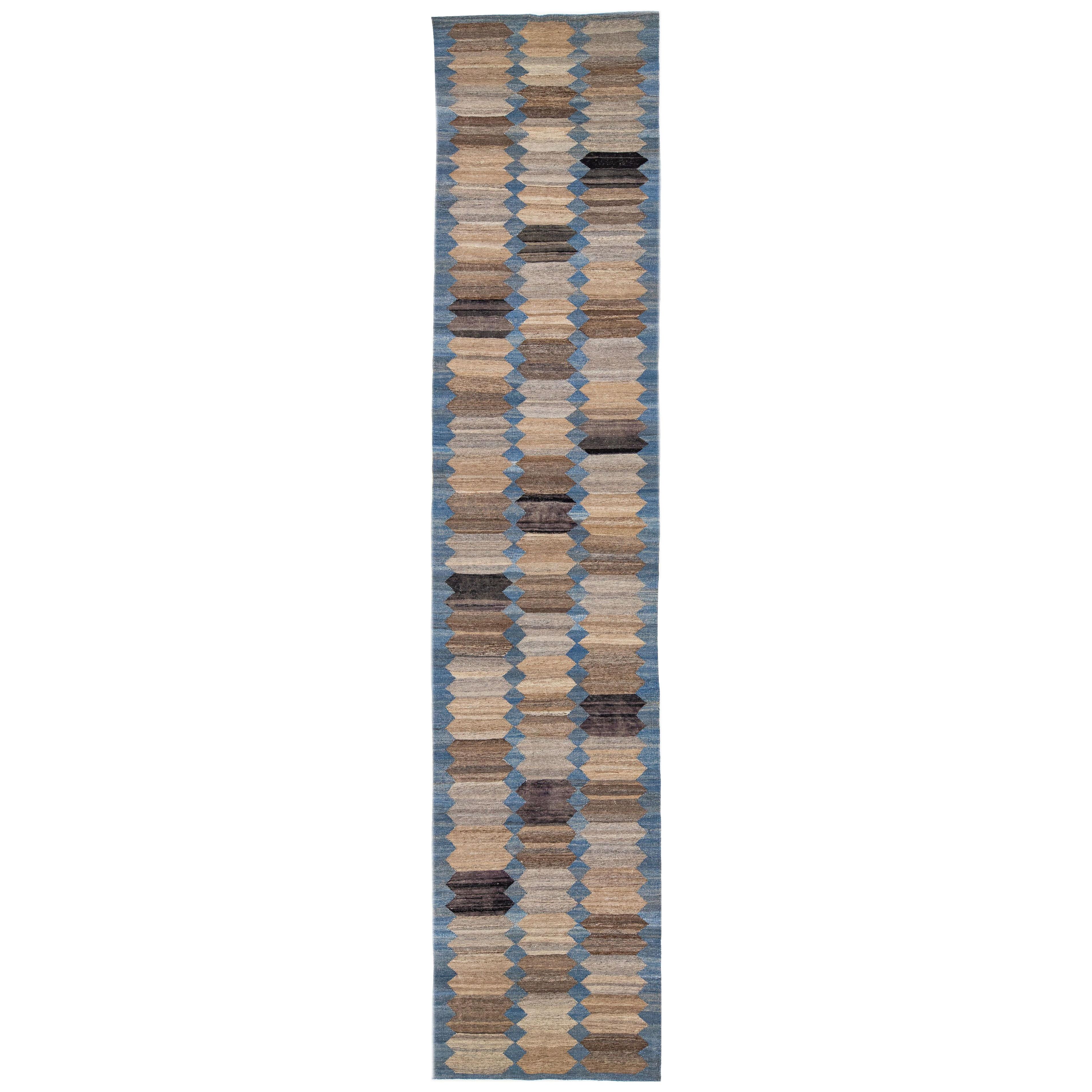 Blue and Brown Flatweave Kilim Wool Runner with a Modern Abstract Design