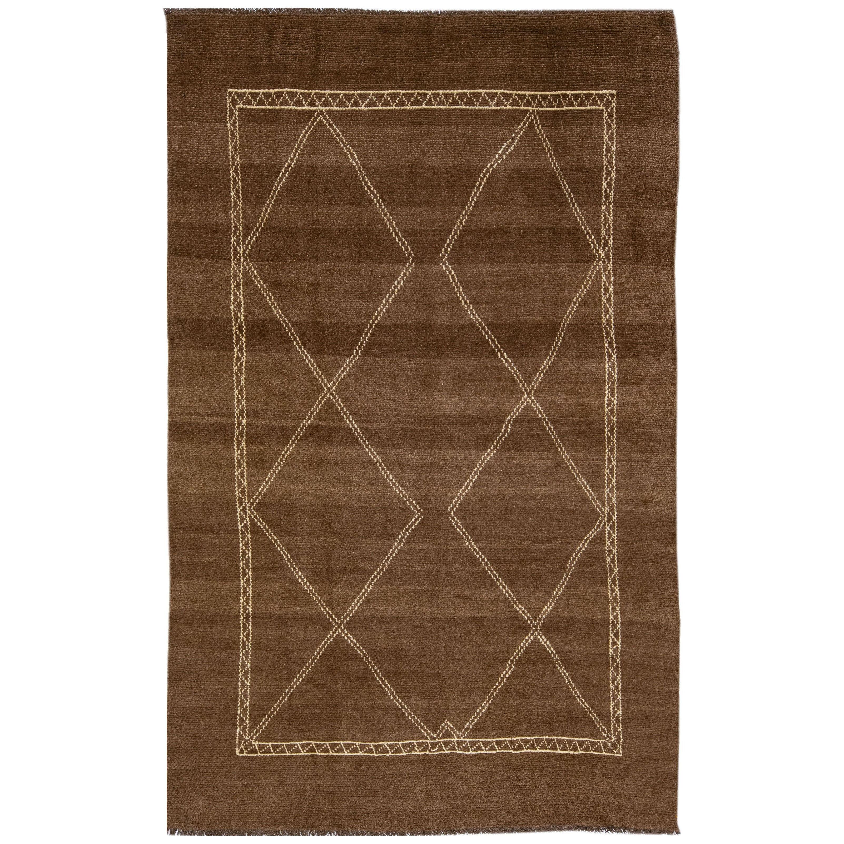 Modern Moroccan Style Brown Handmade Wool Rug with Geometric Pattern by Apadana