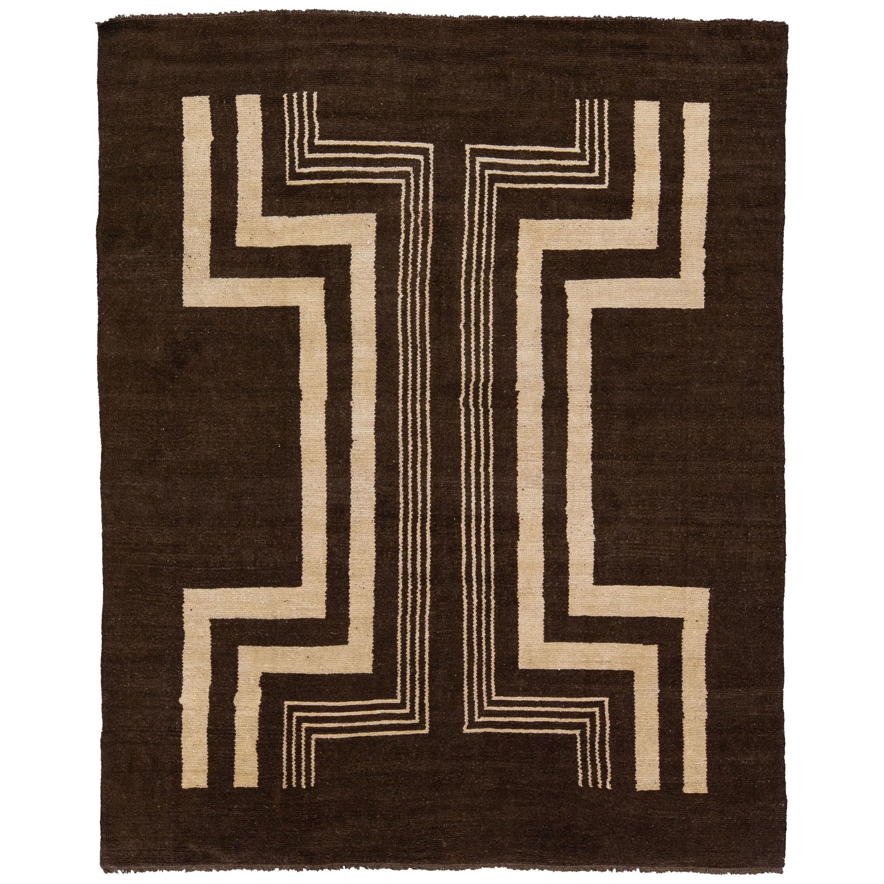 Modern Art Deco Style Handmade Tribal Motif Brown Wool Rug by Apadana