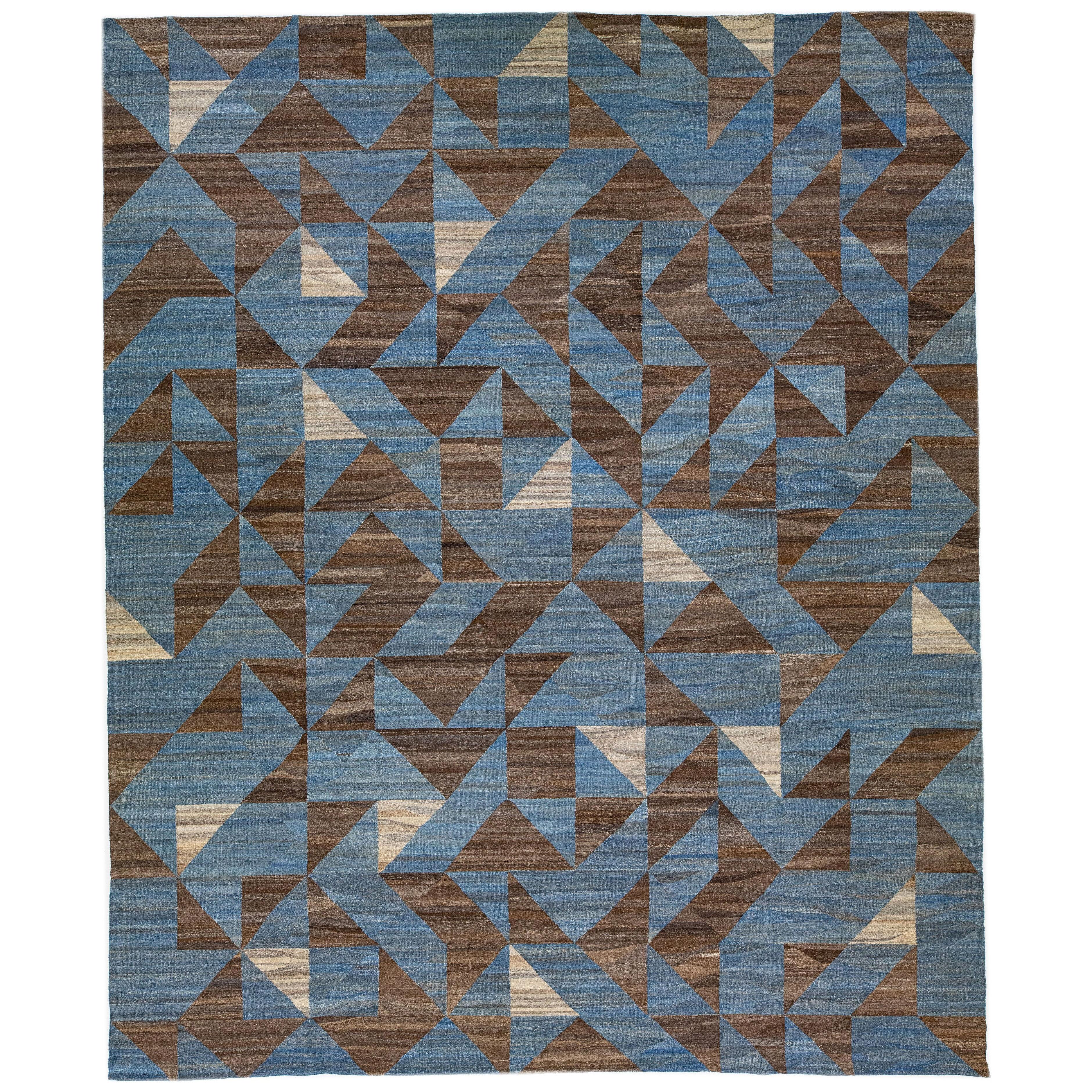 Blue Oversize Kilim Wool Rug Flatweave with a Modern Abstract Design