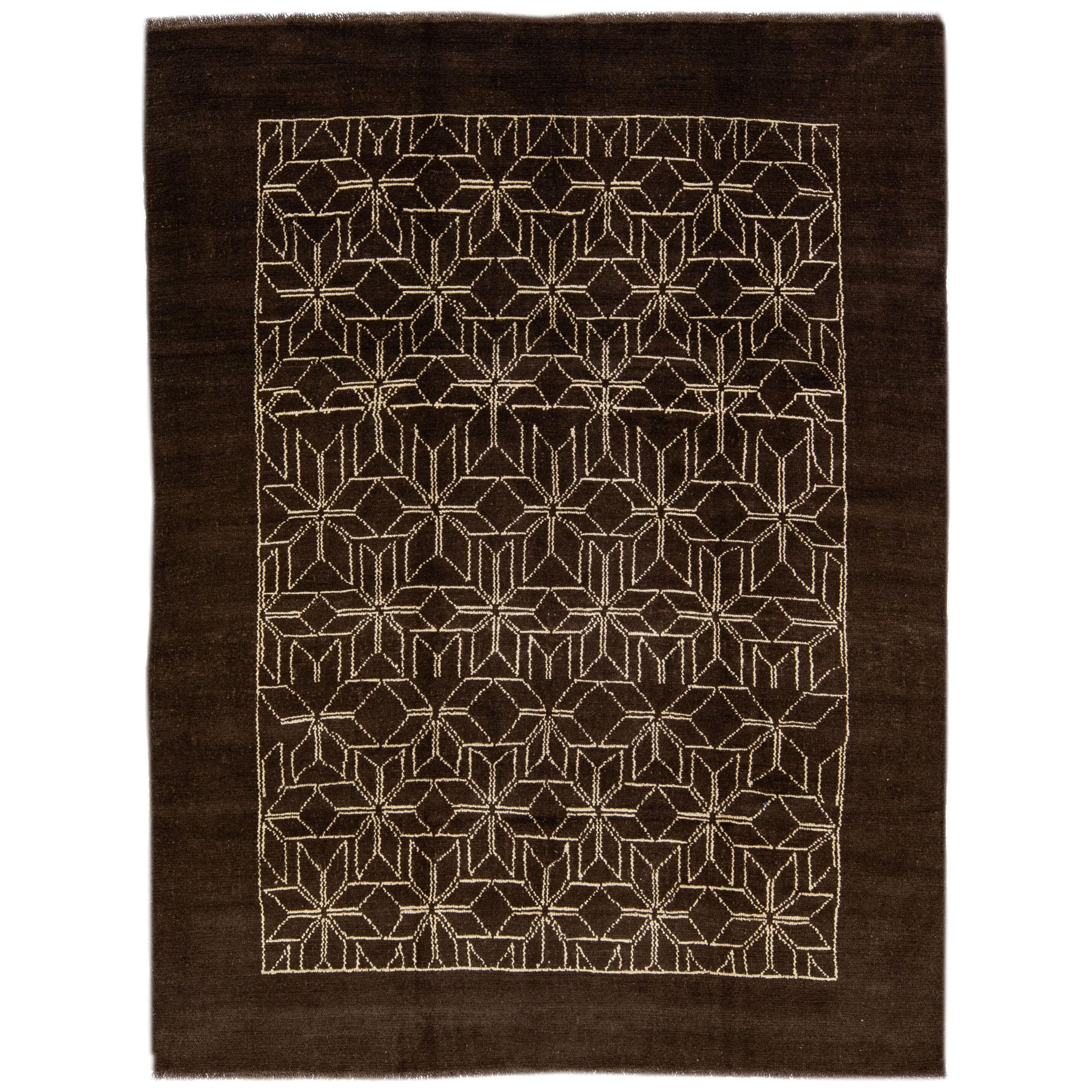 Modern Tribal Style Handmade Dark Brown Wool Rug by Apadana