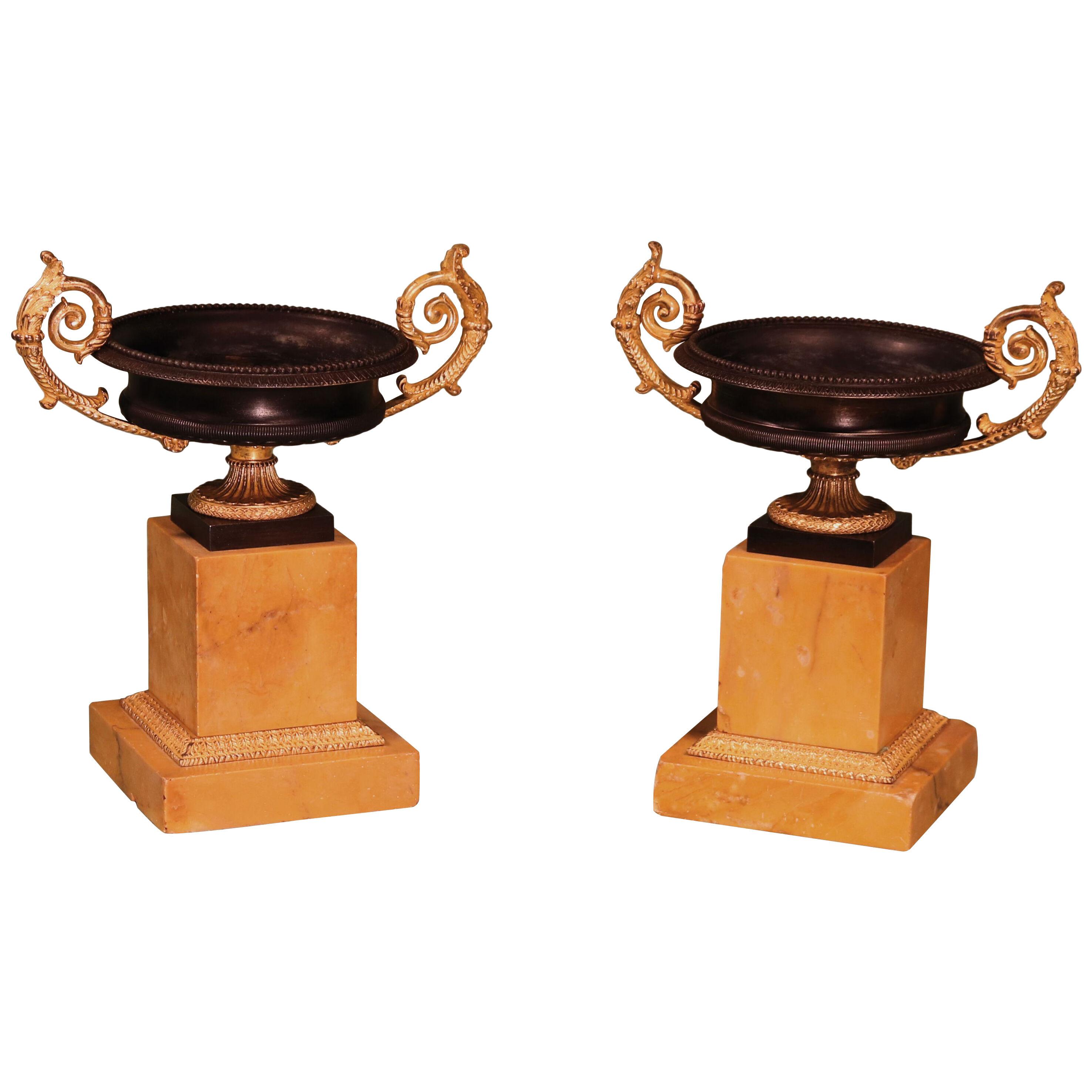 A pair of Regency period bronze and ormolu tazzas
