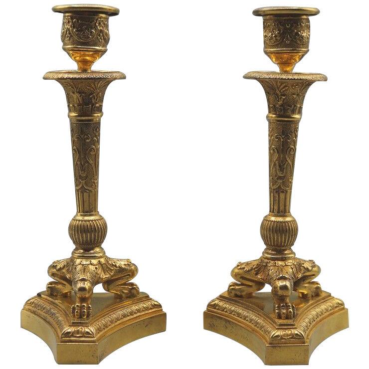 A Pair of Small 19th Century Ormolu Triform Candle Sticks