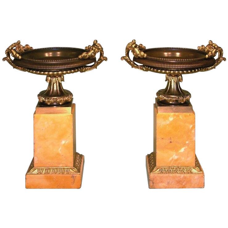 A pair of Antique bronze and ormolu, Sienna marble Tazzas.