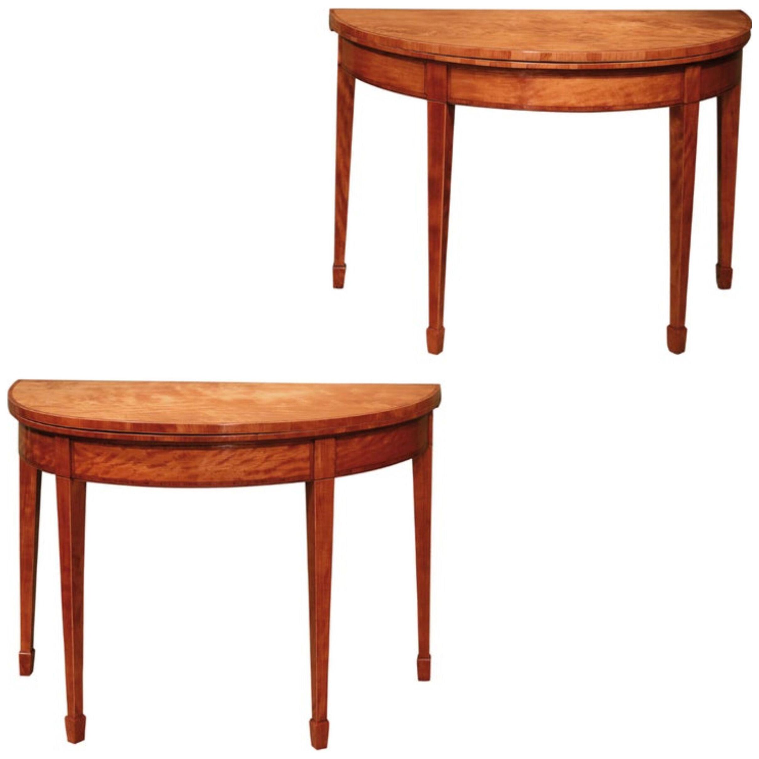 A pair of late 18th Century Sheraton Satinwood half round Card Tables
