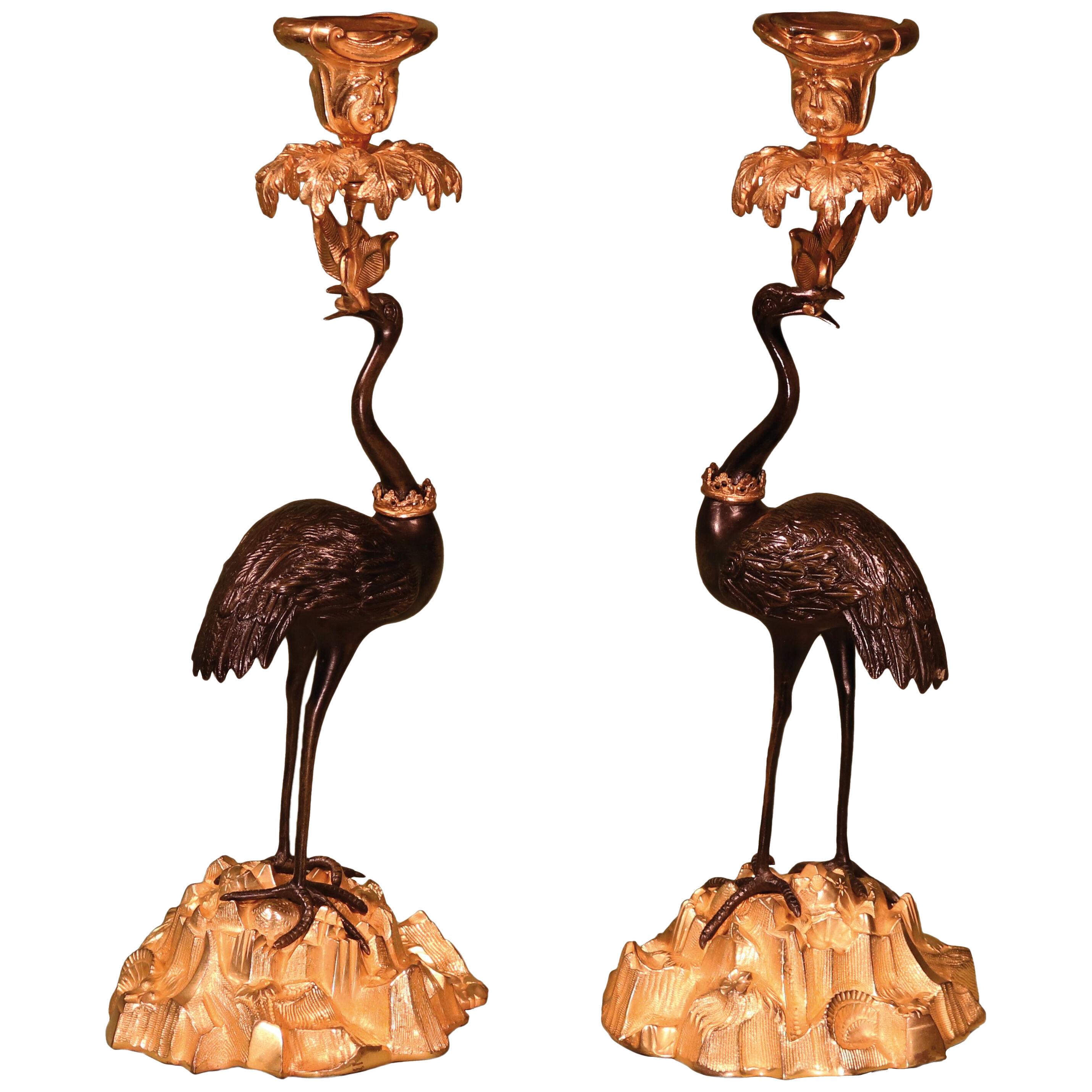 A pair of mid 19th century bronze and ormolu candlestick storks by Abbott