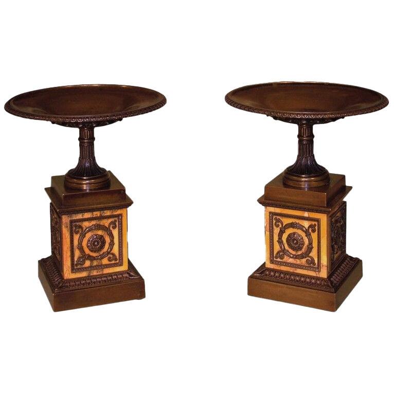 A fine large pair of Regency period bronze and marble Tazzas.