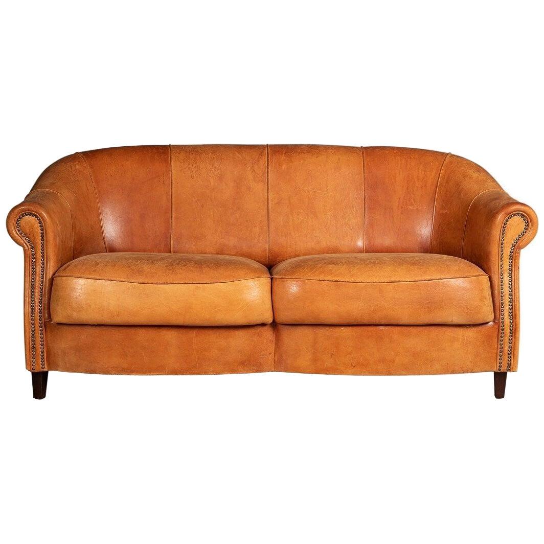 Late 20th Century Dutch Two/Three Seater Tan Sheepskin Leather Sofa	