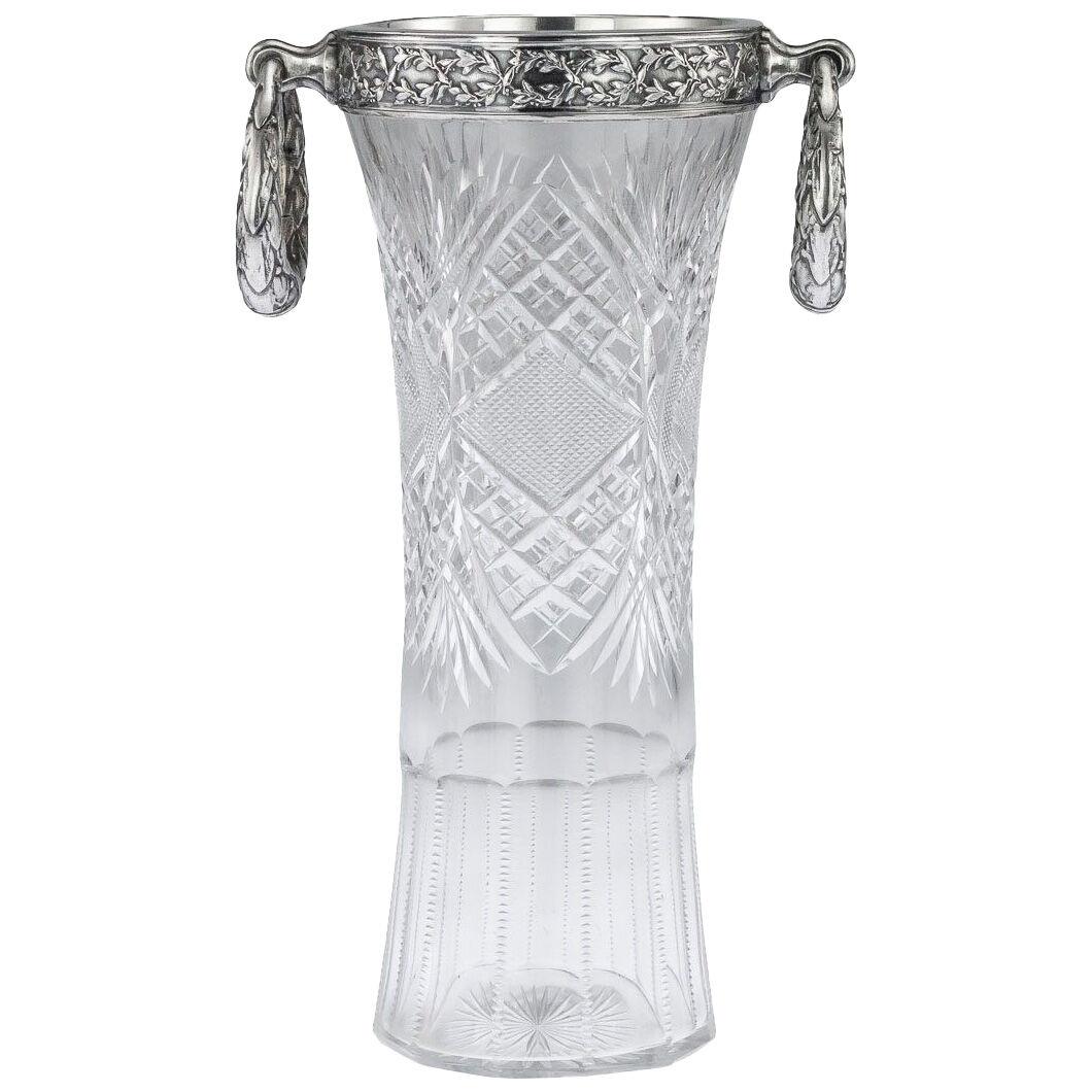 20thC Russian Empire Solid Silver & Cut Glass Vase c.1910